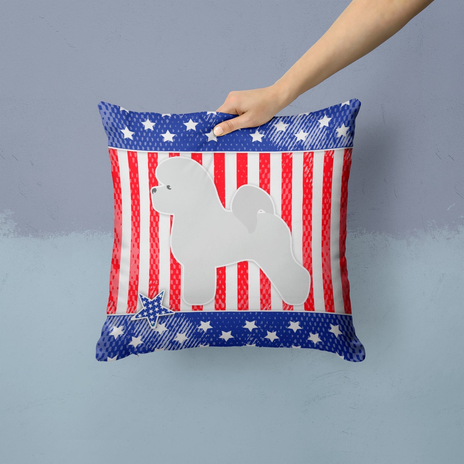 USA Patriotic Bichon Frise Decorative Throw Pillow 14x14 Indoor Outdoor Accent Cushion, Fabric Cover with Insert for Sofa, Bed, Porch & Living Room