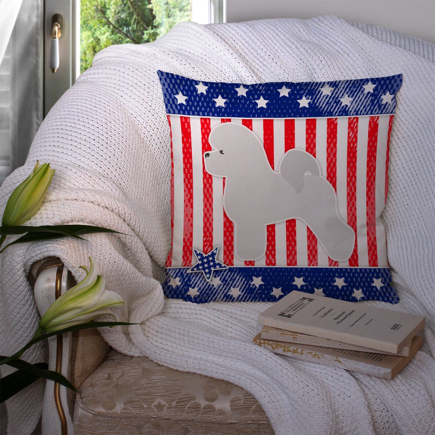 USA Patriotic Bichon Frise Decorative Throw Pillow 14x14 Indoor Outdoor Accent Cushion, Fabric Cover with Insert for Sofa, Bed, Porch & Living Room