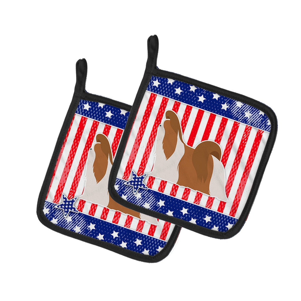 USA Patriotic Shih Tzu Pot Holder Set of 2 Heat Resistant Quilted Hot Pads 7.5 x 7.5 Inch, Insulated Kitchen Trivets for Cooking & Baking
