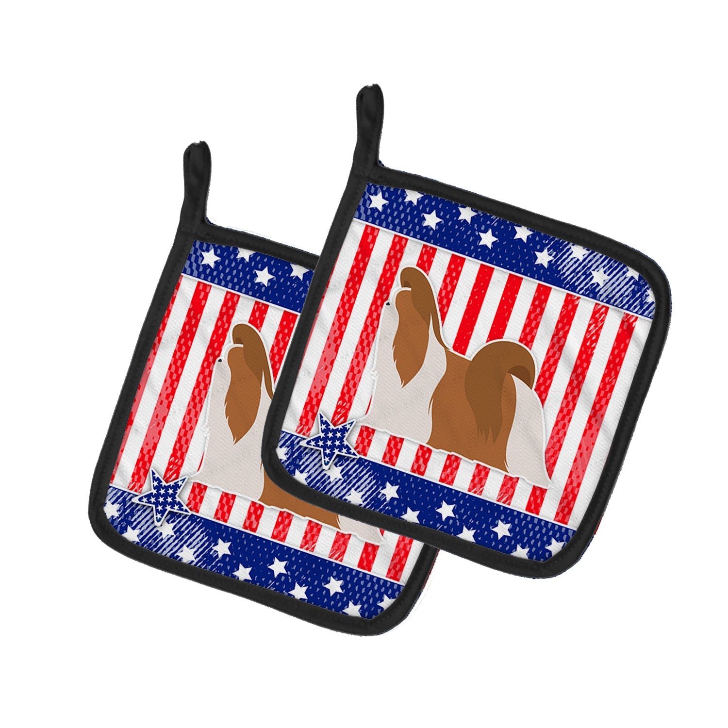 USA Patriotic Shih Tzu Pot Holder Set of 2 Heat Resistant Quilted Hot Pads 7.5 x 7.5 Inch, Insulated Kitchen Trivets for Cooking & Baking