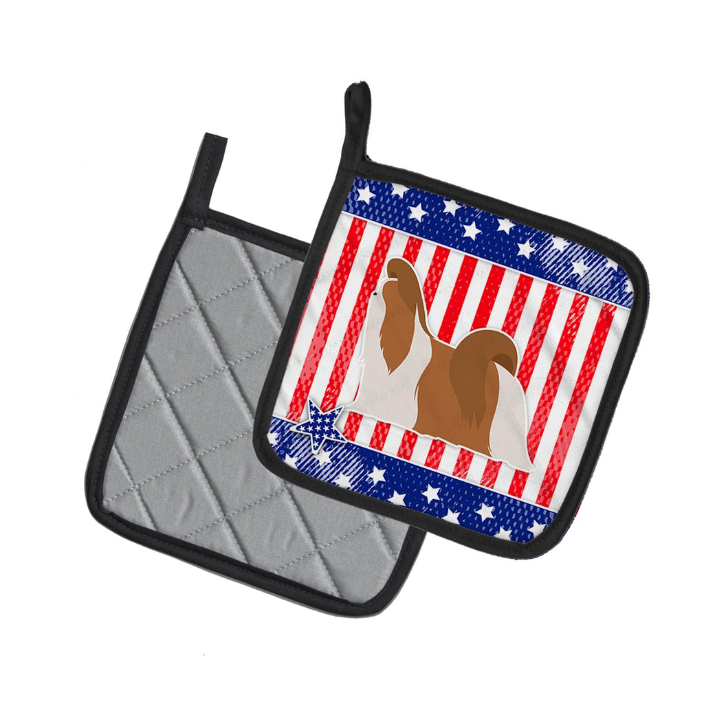 USA Patriotic Shih Tzu Pot Holder Set of 2 Heat Resistant Quilted Hot Pads 7.5 x 7.5 Inch, Insulated Kitchen Trivets for Cooking & Baking