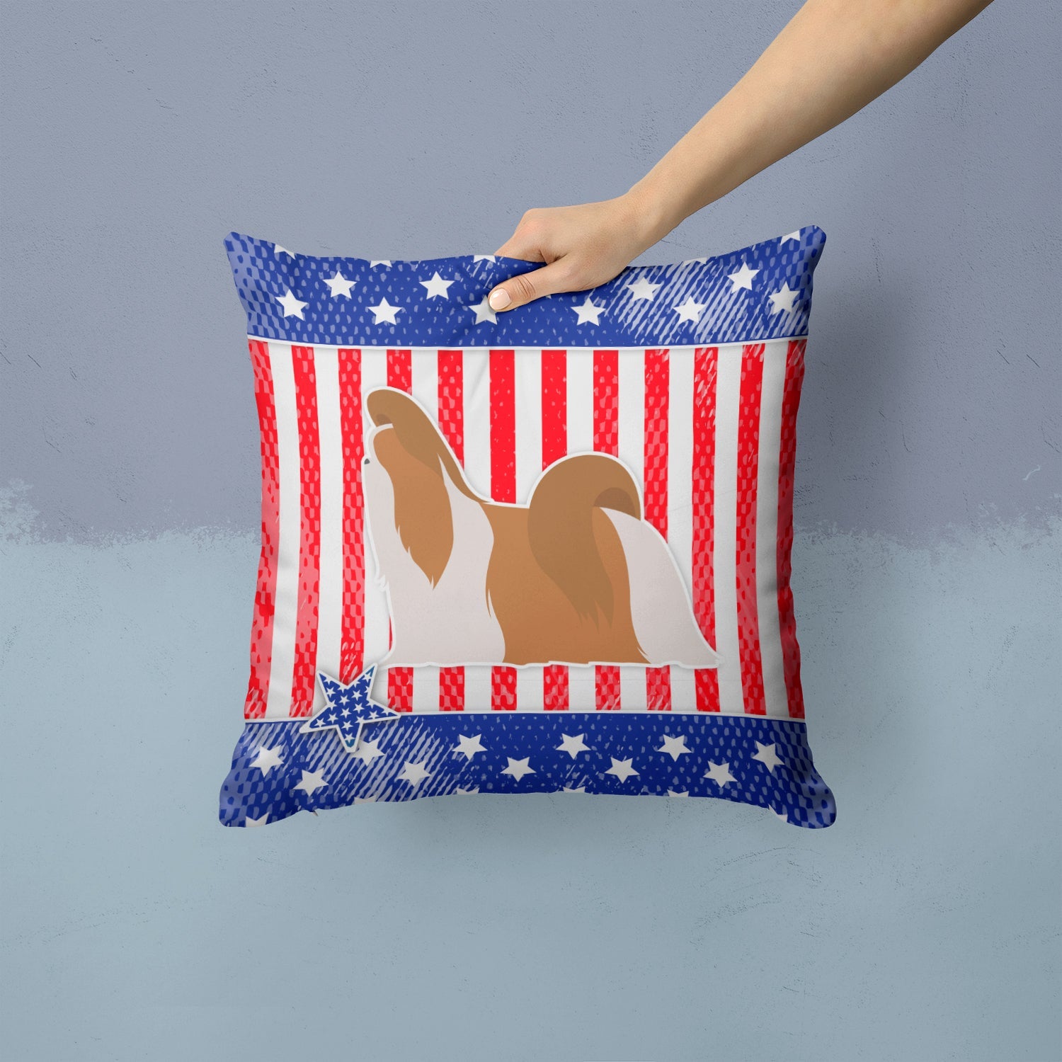 USA Patriotic Shih Tzu Decorative Throw Pillow 14x14 Indoor Outdoor Accent Cushion, Fabric Cover with Insert for Sofa, Bed, Porch & Living Room