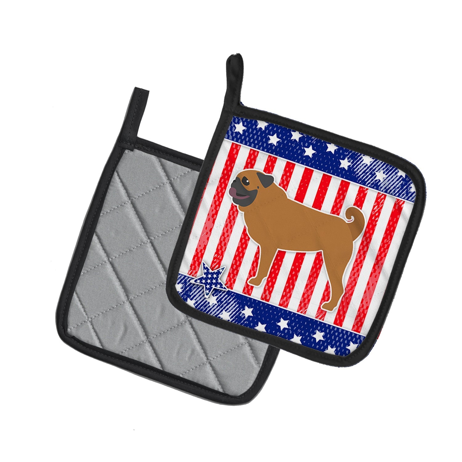 USA Patriotic Pug Pot Holder Set of 2 Heat Resistant Quilted Hot Pads 7.5 x 7.5 Inch, Insulated Kitchen Trivets for Cooking & Baking