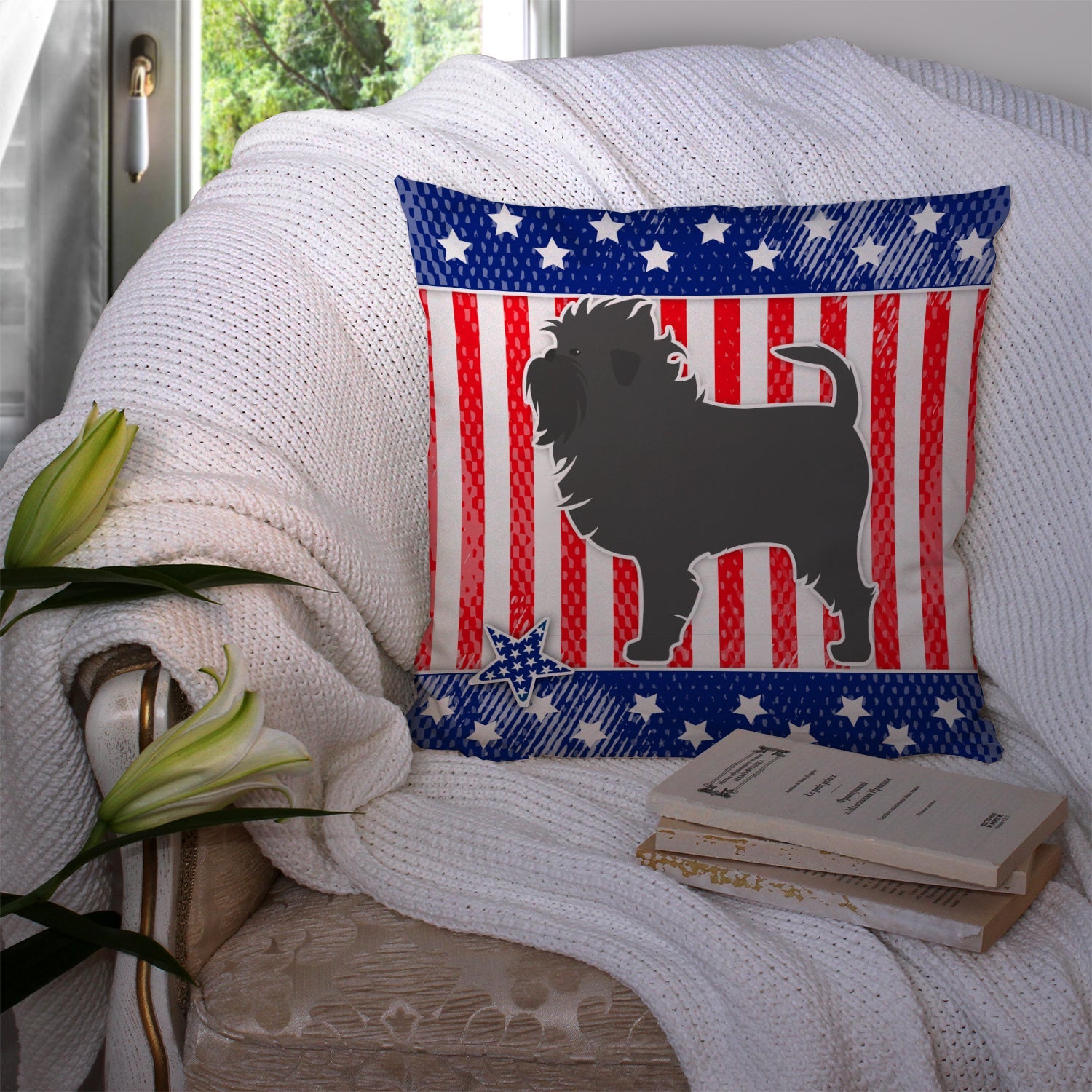 USA Patriotic Affenpinscher Decorative Throw Pillow 14x14 Indoor Outdoor Accent Cushion, Fabric Cover with Insert for Sofa, Bed, Porch & Living Room