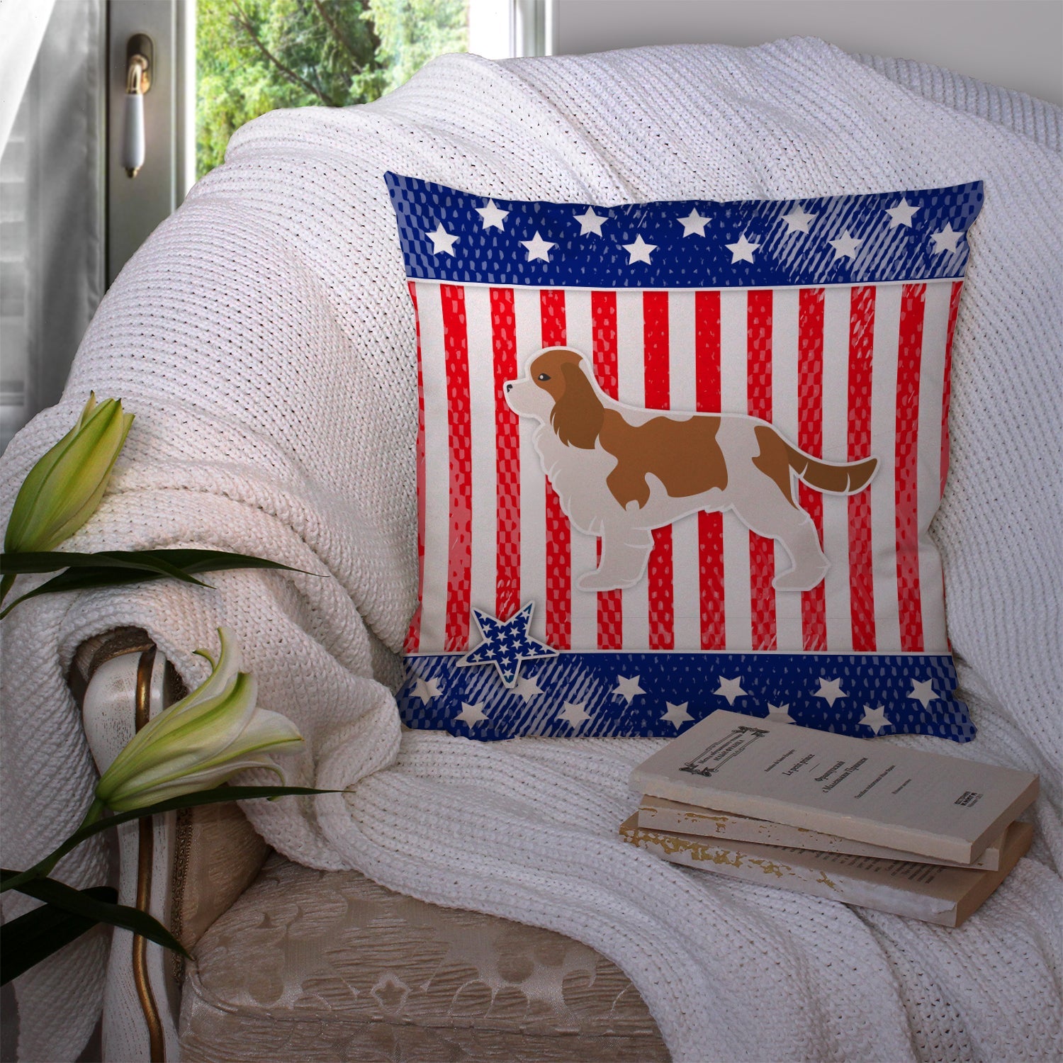 USA Patriotic Cavalier King Charles Spaniel Decorative Throw Pillow 14x14 Indoor Outdoor Accent Cushion, Fabric Cover with Insert for Sofa, Bed, Porch & Living Room