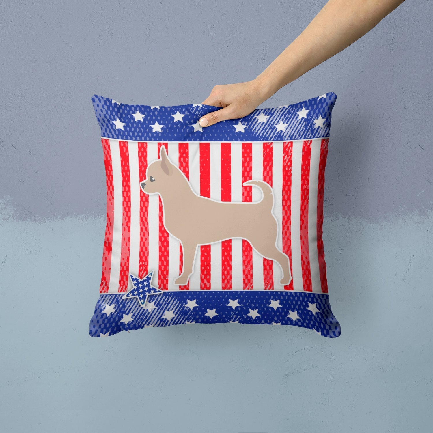 USA Patriotic Chihuahua Decorative Throw Pillow 14x14 Indoor Outdoor Accent Cushion, Fabric Cover with Insert for Sofa, Bed, Porch & Living Room