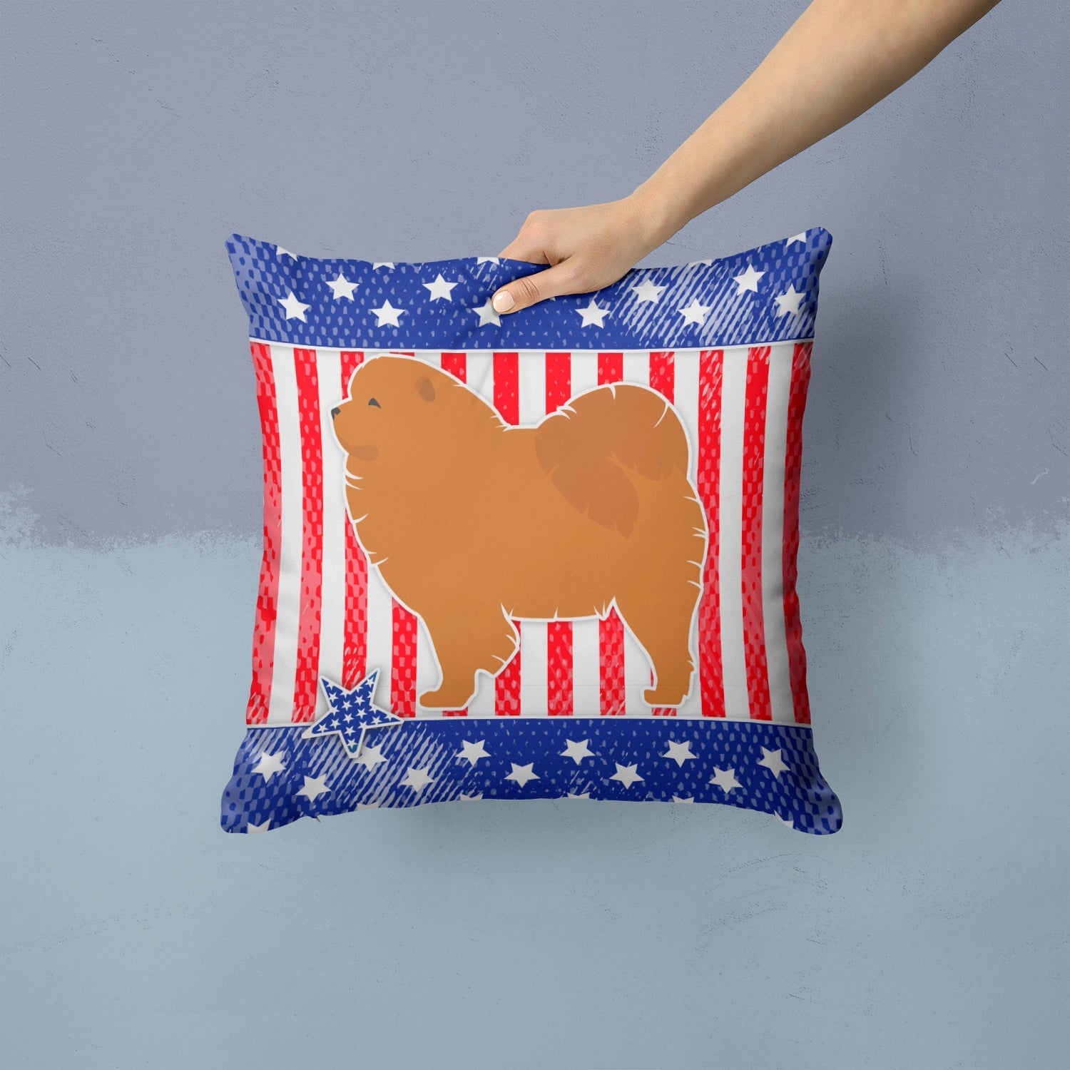 USA Patriotic Chow Chow Decorative Throw Pillow 14x14 Indoor Outdoor Accent Cushion, Fabric Cover with Insert for Sofa, Bed, Porch & Living Room