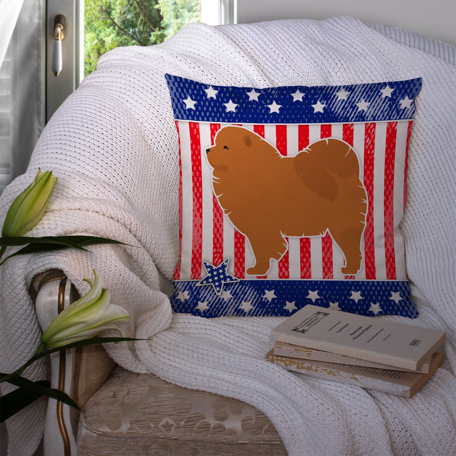 USA Patriotic Chow Chow Decorative Throw Pillow 14x14 Indoor Outdoor Accent Cushion, Fabric Cover with Insert for Sofa, Bed, Porch & Living Room