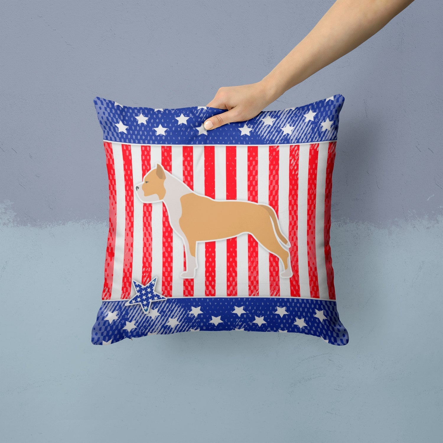USA Patriotic Staffordshire Bull Terrier Decorative Throw Pillow 14x14 Indoor Outdoor Accent Cushion, Fabric Cover with Insert for Sofa, Bed, Porch & Living Room