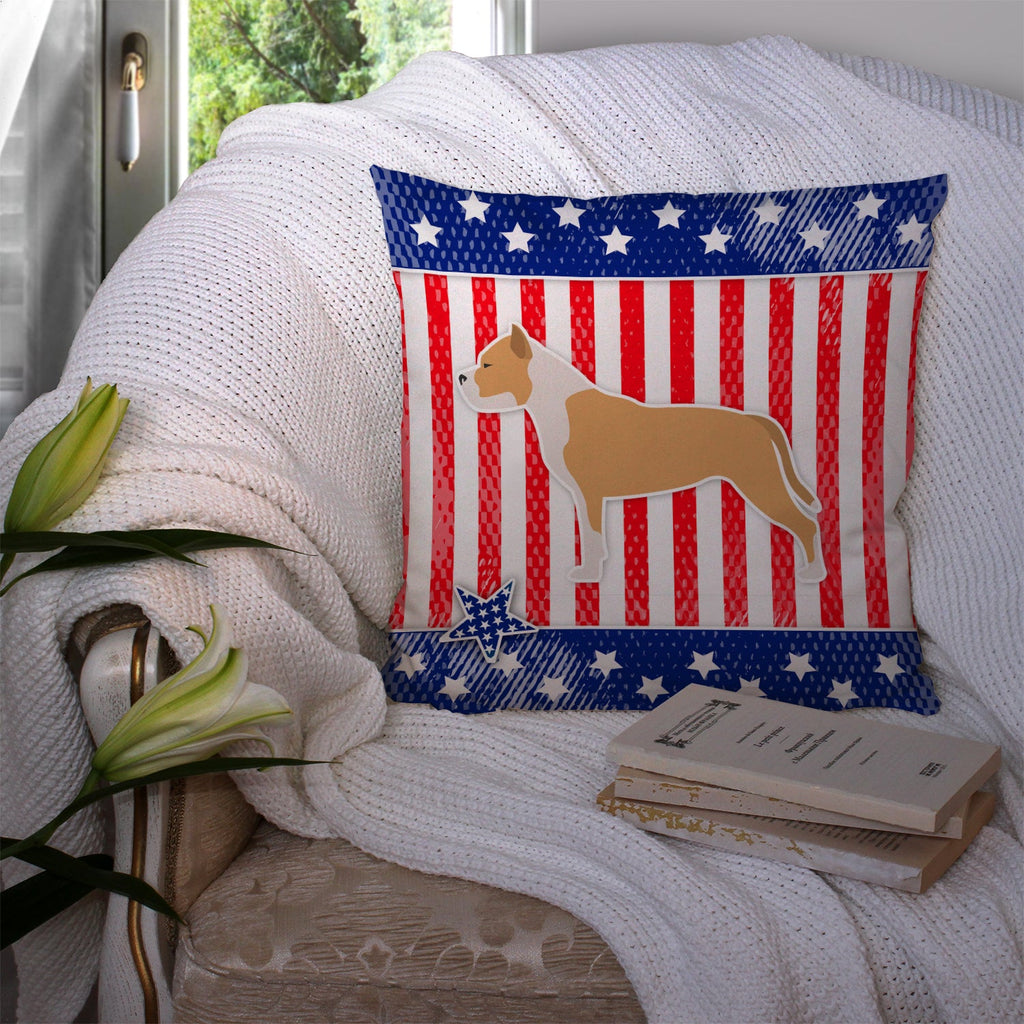 USA Patriotic Staffordshire Bull Terrier Decorative Throw Pillow 14x14 Indoor Outdoor Accent Cushion, Fabric Cover with Insert for Sofa, Bed, Porch & Living Room