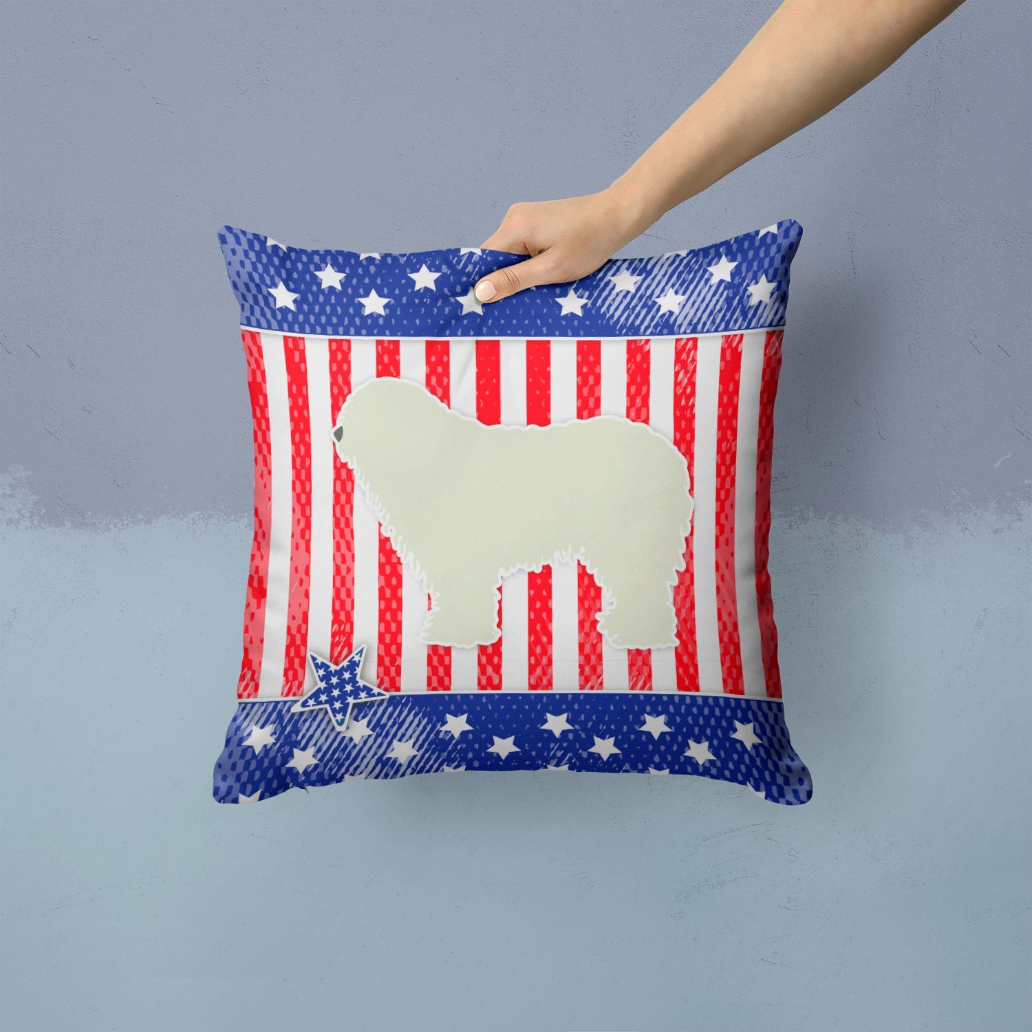 USA Patriotic Komondor Decorative Throw Pillow 14x14 Indoor Outdoor Accent Cushion, Fabric Cover with Insert for Sofa, Bed, Porch & Living Room