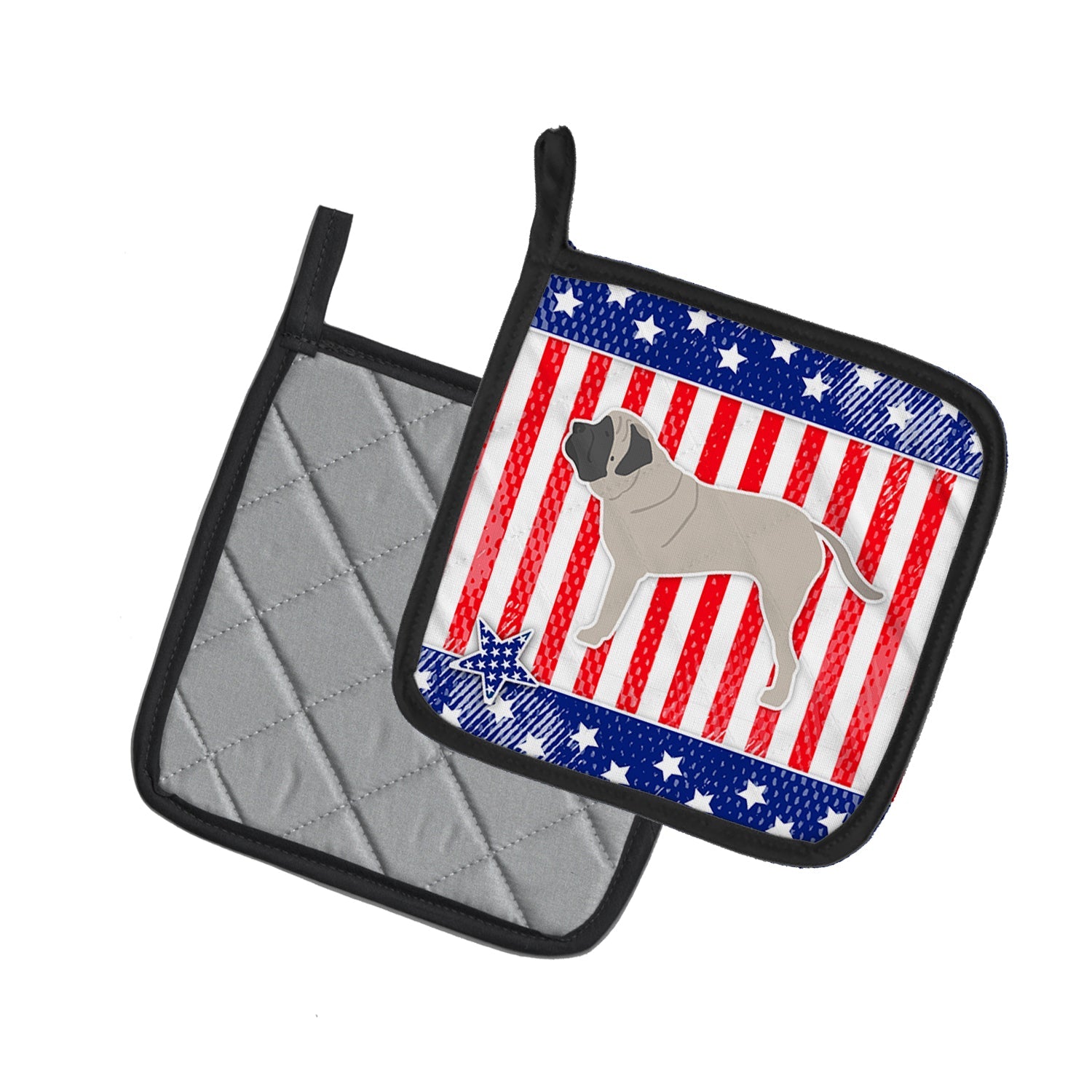USA Patriotic English Mastiff Pot Holder Set of 2 Heat Resistant Quilted Hot Pads 7.5 x 7.5 Inch, Insulated Kitchen Trivets for Cooking & Baking