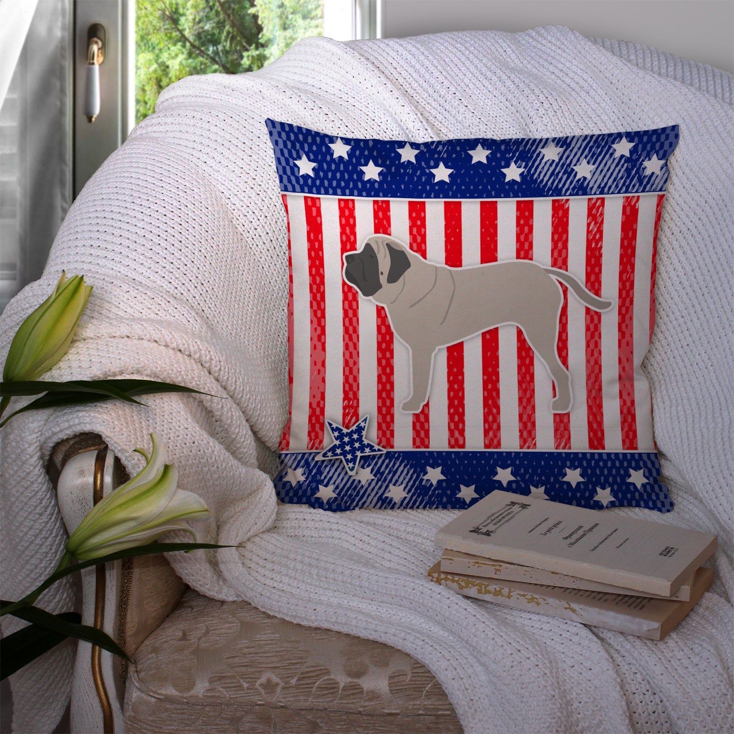 USA Patriotic English Mastiff Decorative Throw Pillow 14x14 Indoor Outdoor Accent Cushion, Fabric Cover with Insert for Sofa, Bed, Porch & Living Room