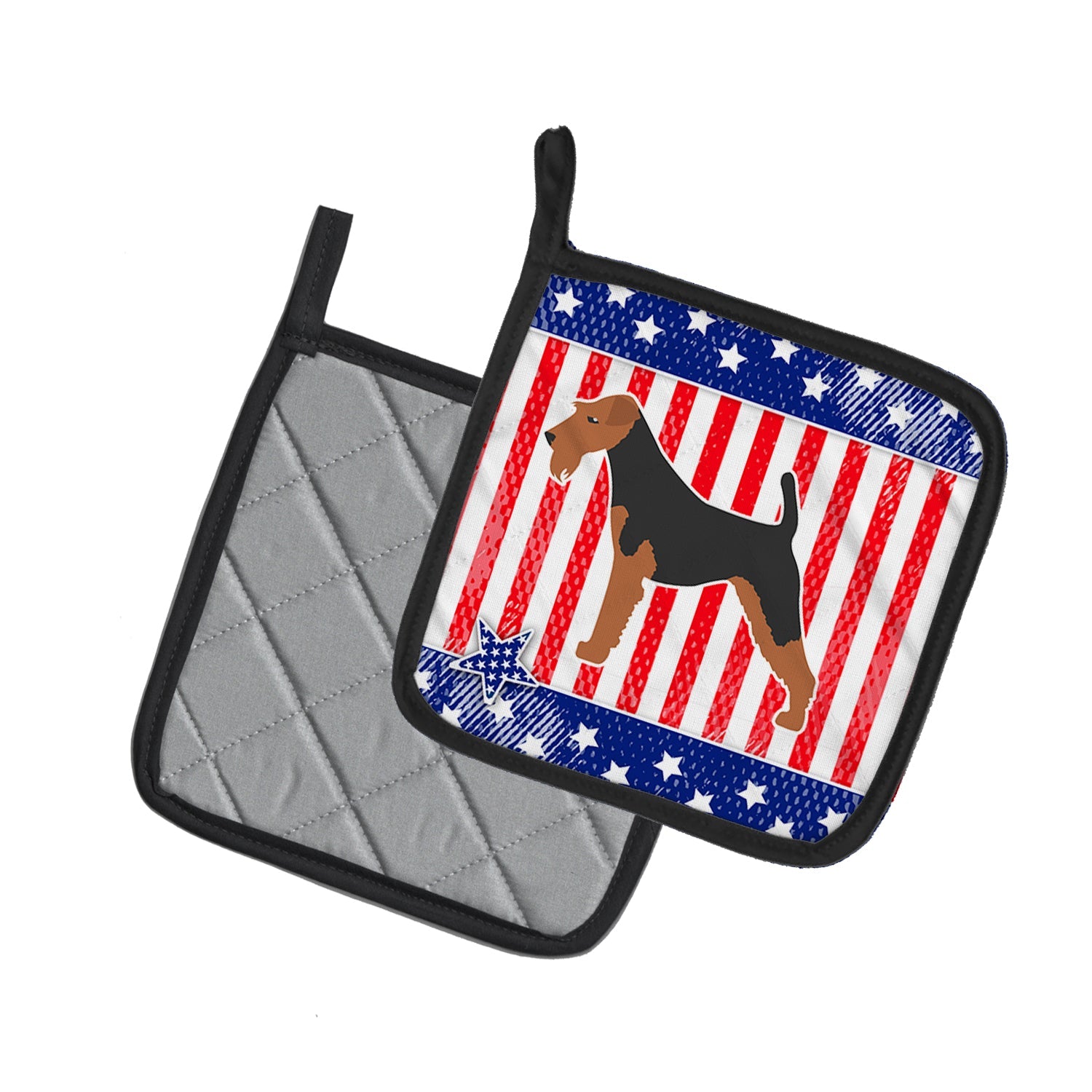 USA Patriotic Airedale Terrier Pot Holder Set of 2 Heat Resistant Quilted Hot Pads 7.5 x 7.5 Inch, Insulated Kitchen Trivets for Cooking & Baking