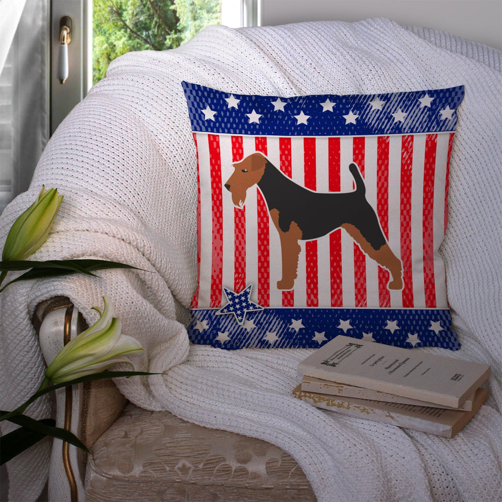 USA Patriotic Airedale Terrier Decorative Throw Pillow 14x14 Indoor Outdoor Accent Cushion, Fabric Cover with Insert for Sofa, Bed, Porch & Living Room