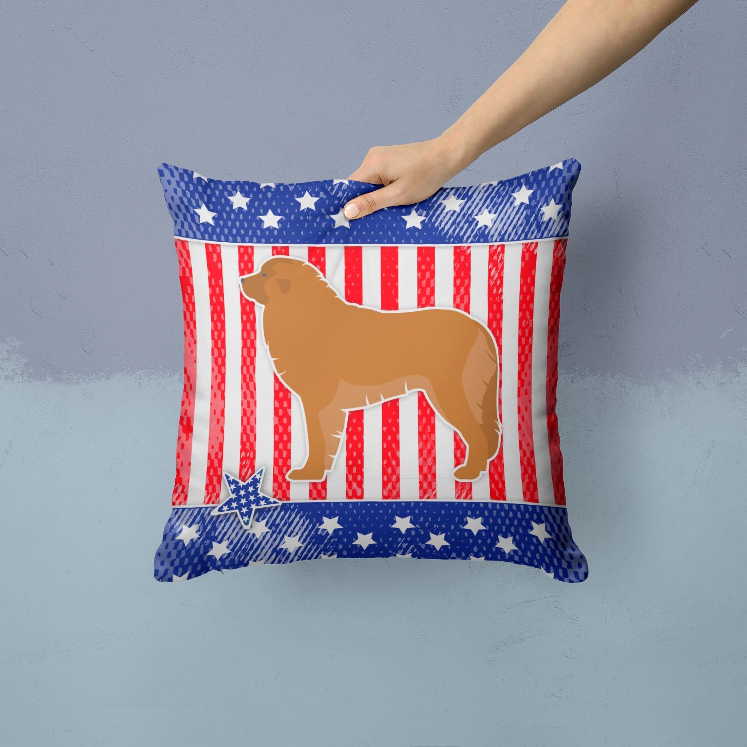 USA Patriotic Leonberger Decorative Throw Pillow 14x14 Indoor Outdoor Accent Cushion, Fabric Cover with Insert for Sofa, Bed, Porch & Living Room