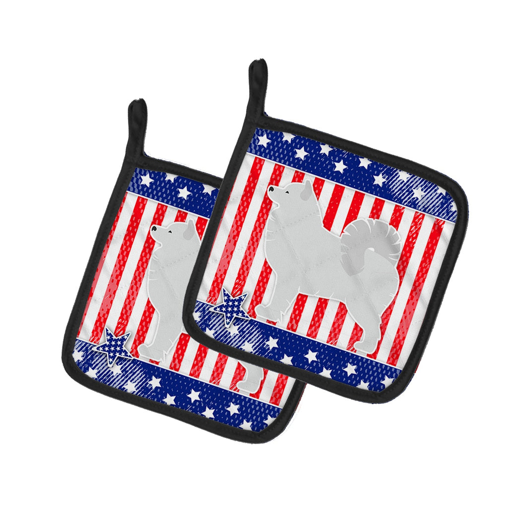 USA Patriotic Samoyed Pot Holder Set of 2 Heat Resistant Quilted Hot Pads 7.5 x 7.5 Inch, Insulated Kitchen Trivets for Cooking & Baking