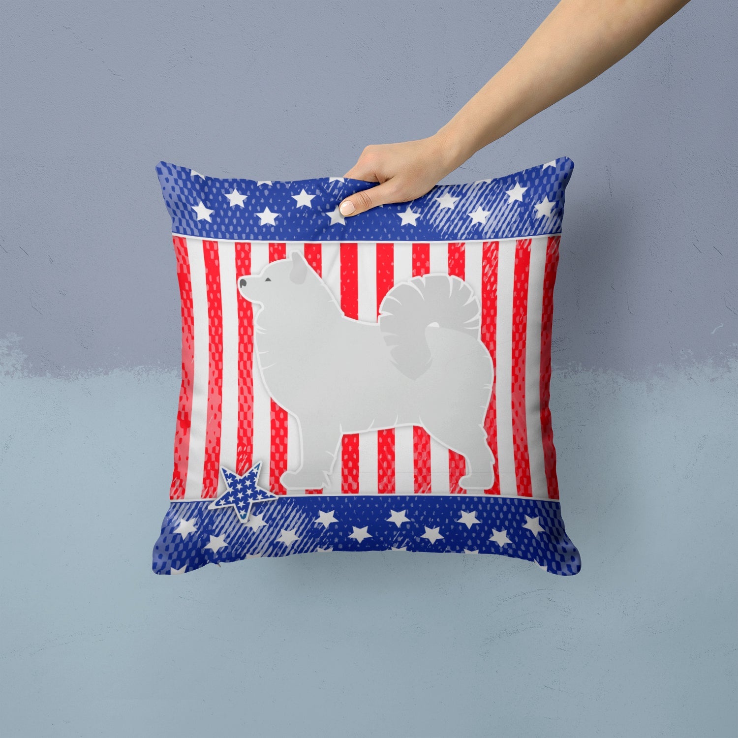 USA Patriotic Samoyed Decorative Throw Pillow 14x14 Indoor Outdoor Accent Cushion, Fabric Cover with Insert for Sofa, Bed, Porch & Living Room