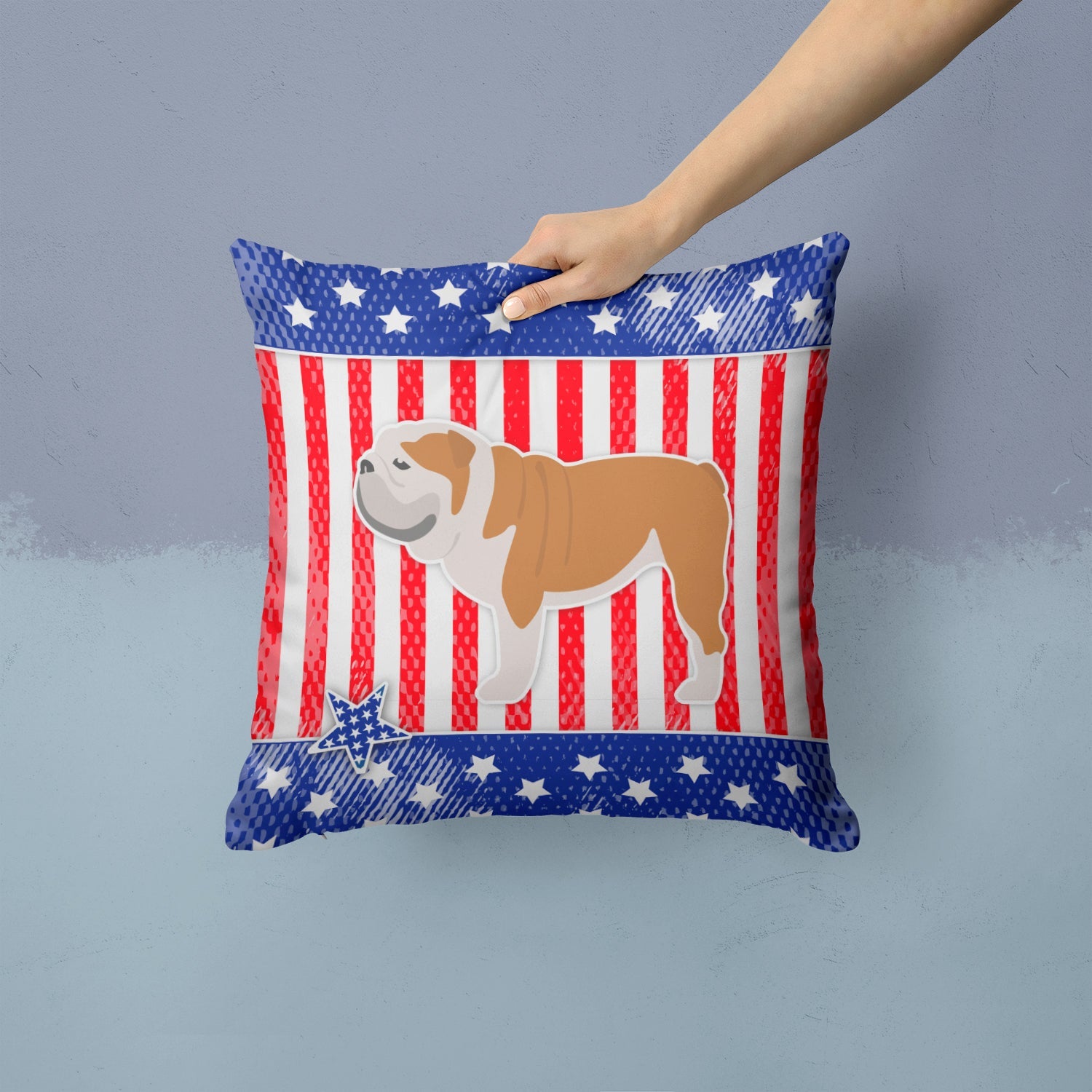 USA Patriotic English Bulldog Decorative Throw Pillow 14x14 Indoor Outdoor Accent Cushion, Fabric Cover with Insert for Sofa, Bed, Porch & Living Room