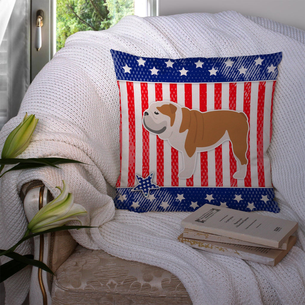USA Patriotic English Bulldog Decorative Throw Pillow 14x14 Indoor Outdoor Accent Cushion, Fabric Cover with Insert for Sofa, Bed, Porch & Living Room