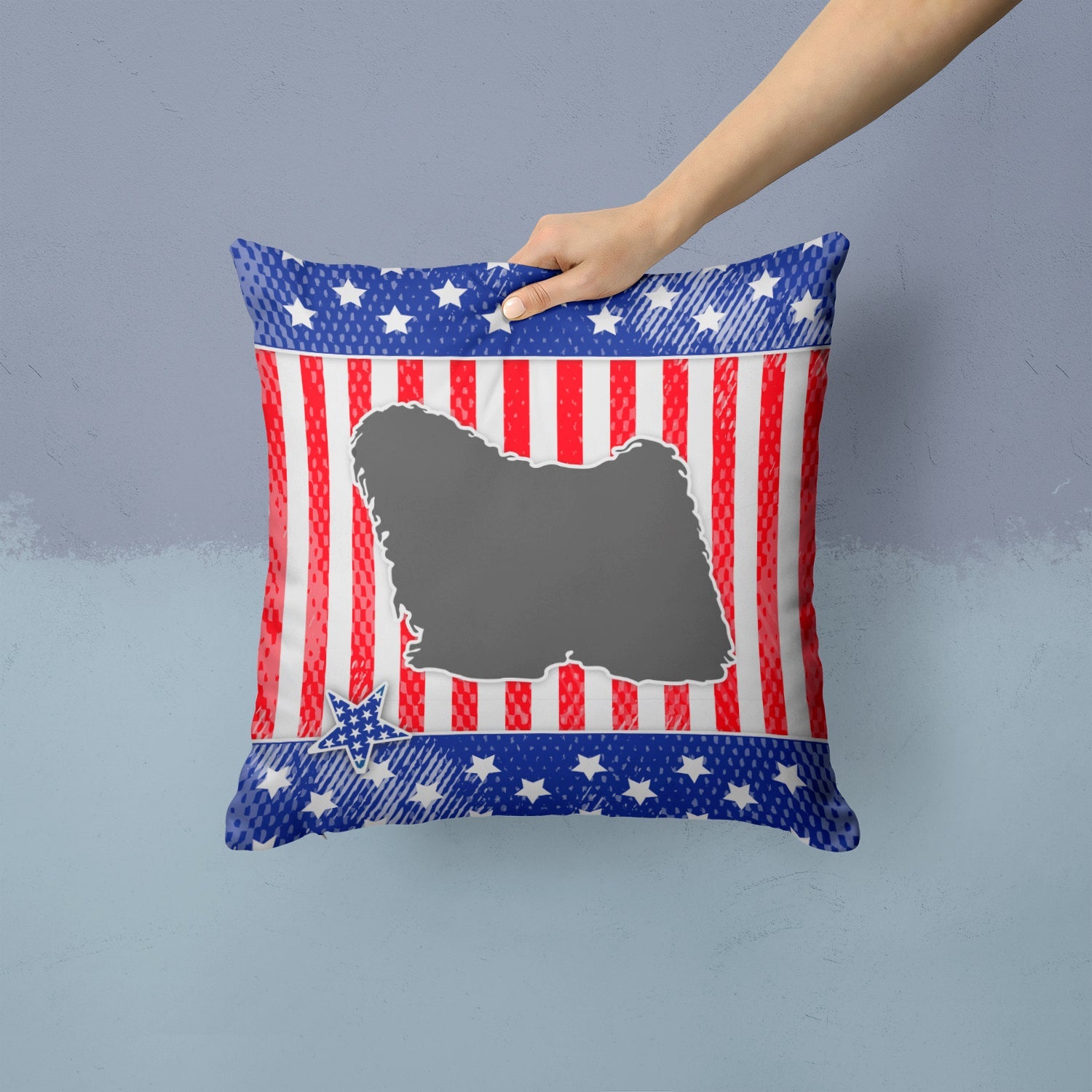 USA Patriotic Puli Decorative Throw Pillow 14x14 Indoor Outdoor Accent Cushion, Fabric Cover with Insert for Sofa, Bed, Porch & Living Room