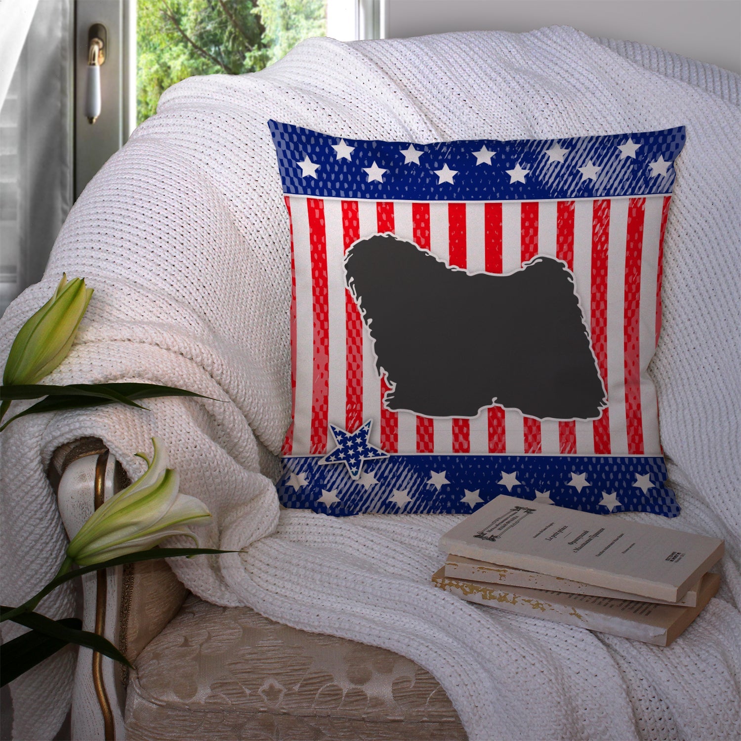 USA Patriotic Puli Decorative Throw Pillow 14x14 Indoor Outdoor Accent Cushion, Fabric Cover with Insert for Sofa, Bed, Porch & Living Room