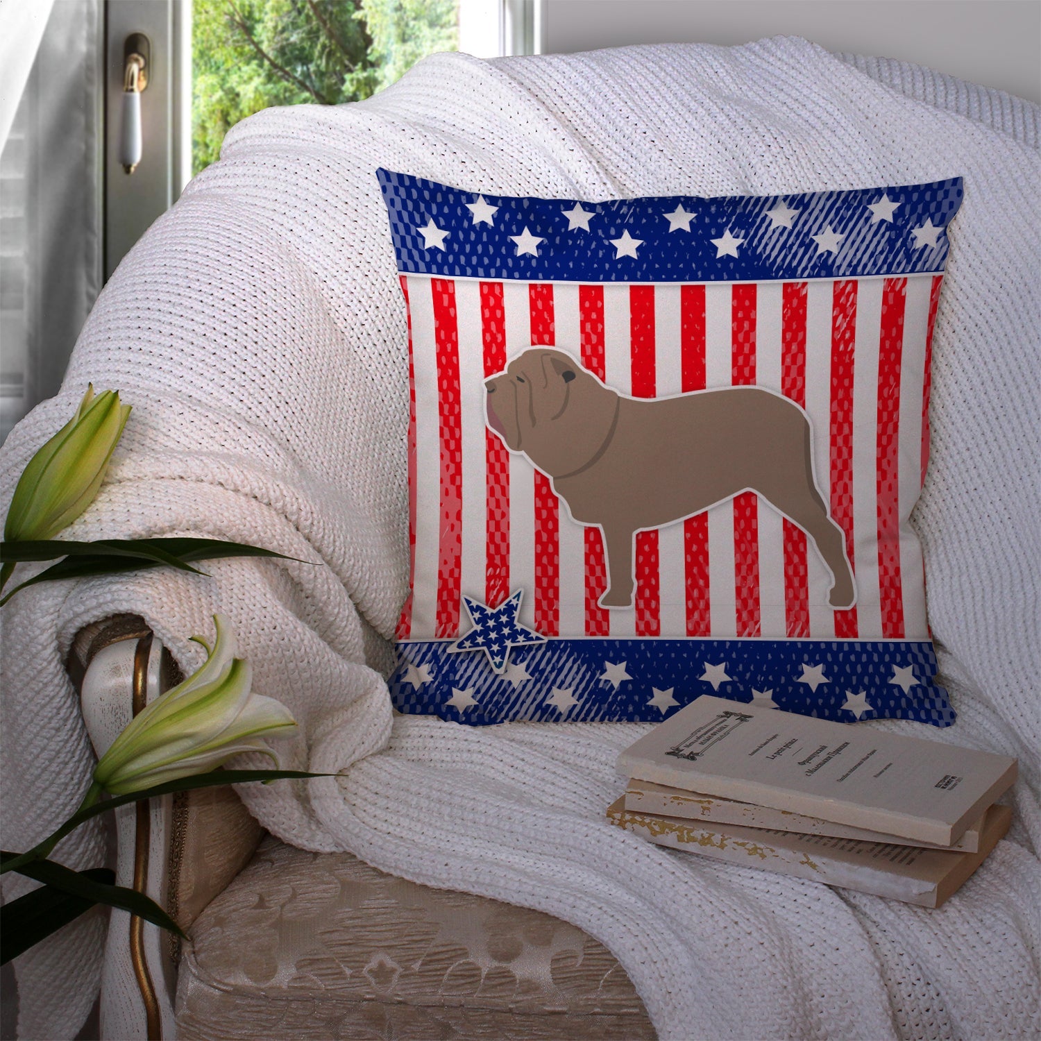 USA Patriotic Neapolitan Mastiff Decorative Throw Pillow 14x14 Indoor Outdoor Accent Cushion, Fabric Cover with Insert for Sofa, Bed, Porch & Living Room