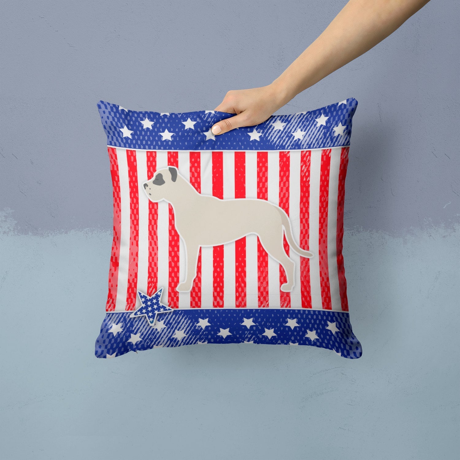 USA Patriotic Dogo Argentino Decorative Throw Pillow 14x14 Indoor Outdoor Accent Cushion, Fabric Cover with Insert for Sofa, Bed, Porch & Living Room
