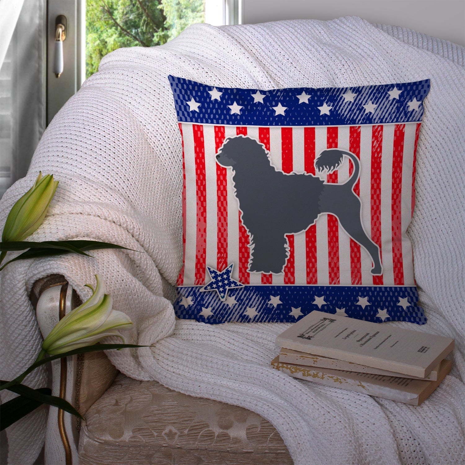 USA Patriotic Portuguese Water Dog Decorative Throw Pillow 14x14 Indoor Outdoor Accent Cushion, Fabric Cover with Insert for Sofa, Bed, Porch & Living Room