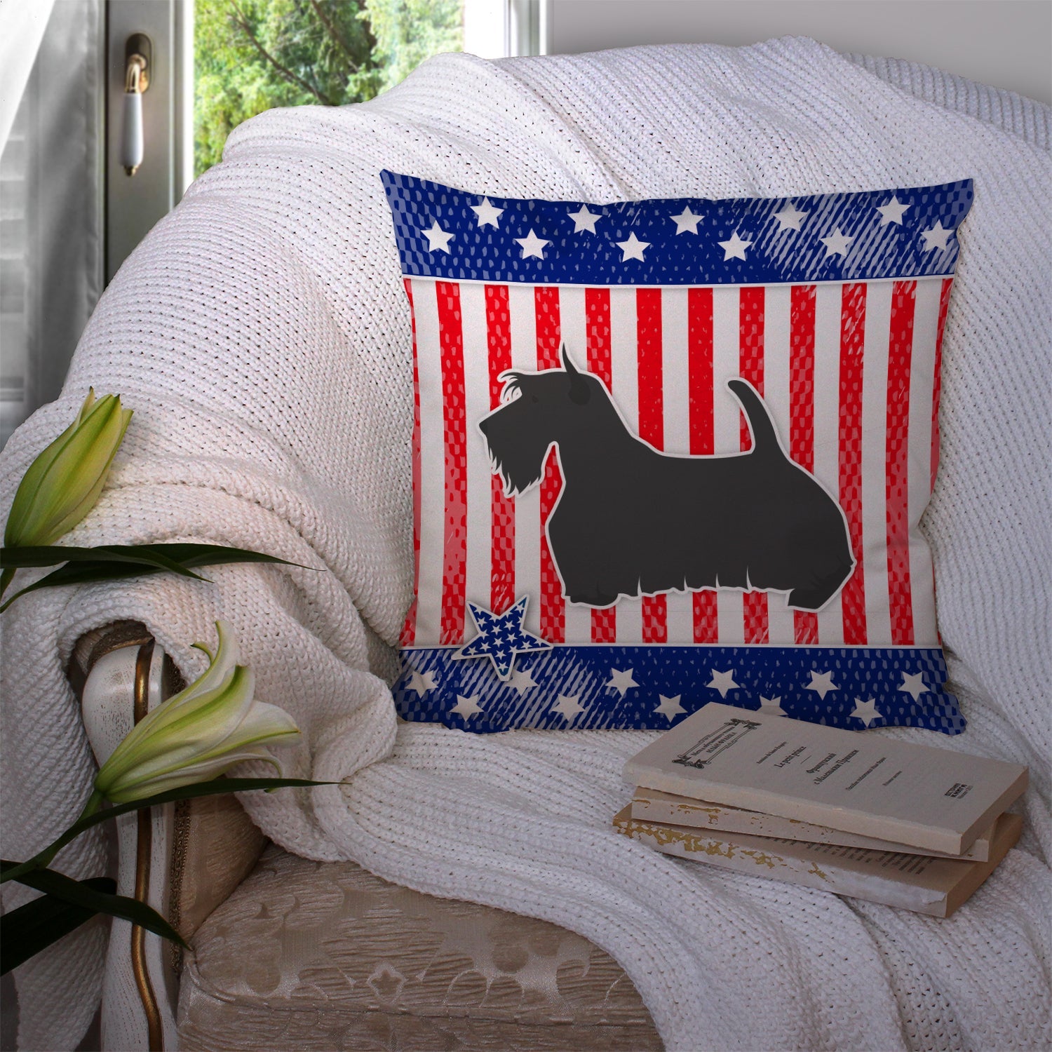 USA Patriotic Scottish Terrier Decorative Throw Pillow 14x14 Indoor Outdoor Accent Cushion, Fabric Cover with Insert for Sofa, Bed, Porch & Living Room