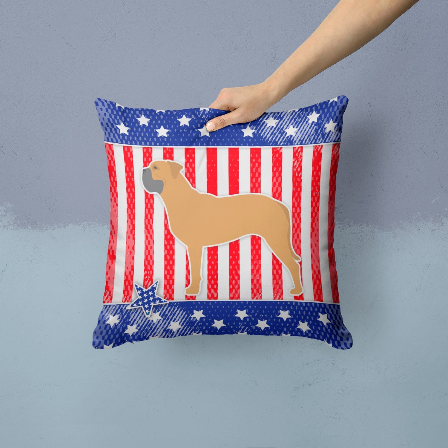 USA Patriotic Bullmastiff Decorative Throw Pillow 14x14 Indoor Outdoor Accent Cushion, Fabric Cover with Insert for Sofa, Bed, Porch & Living Room