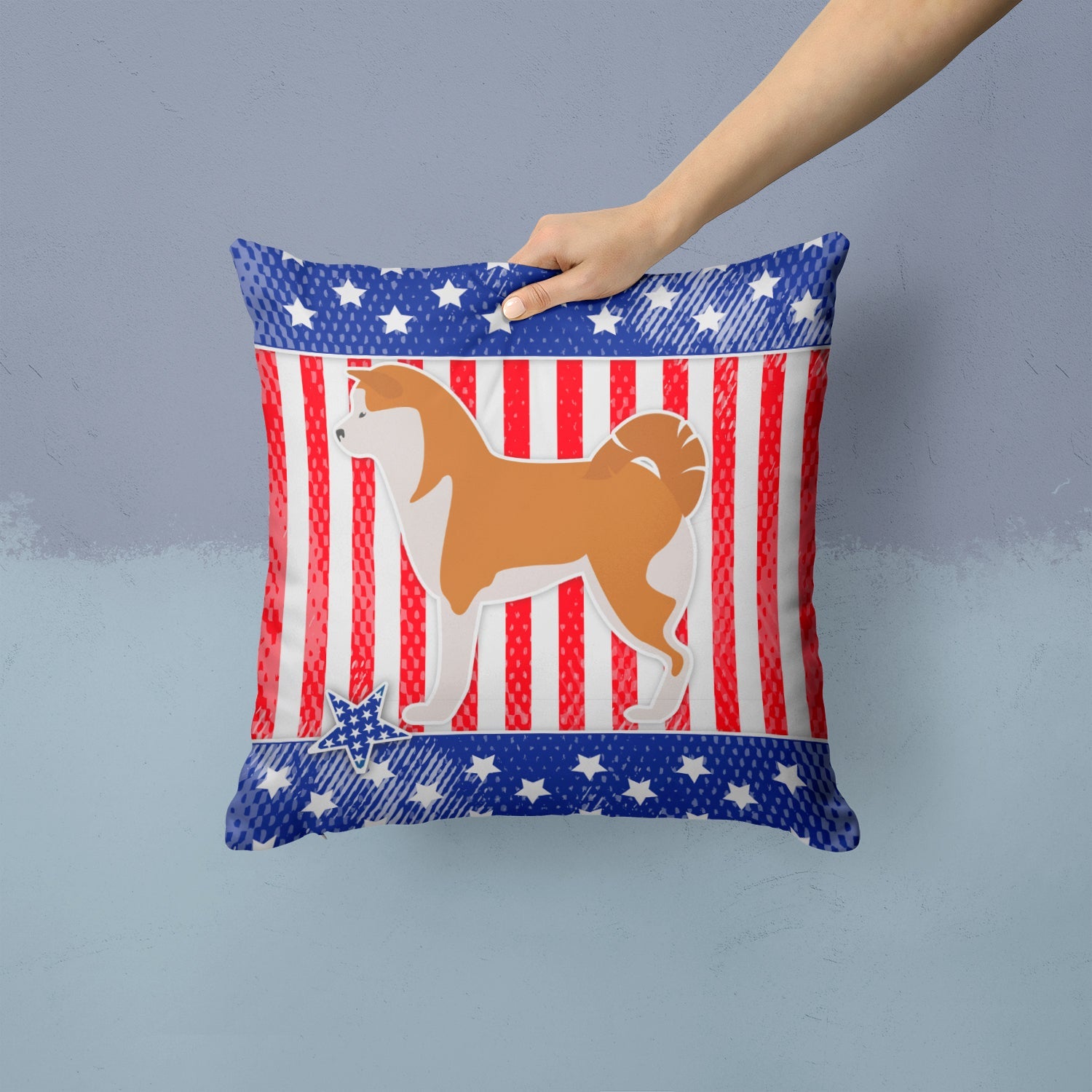 USA Patriotic Akita Decorative Throw Pillow 14x14 Indoor Outdoor Accent Cushion, Fabric Cover with Insert for Sofa, Bed, Porch & Living Room