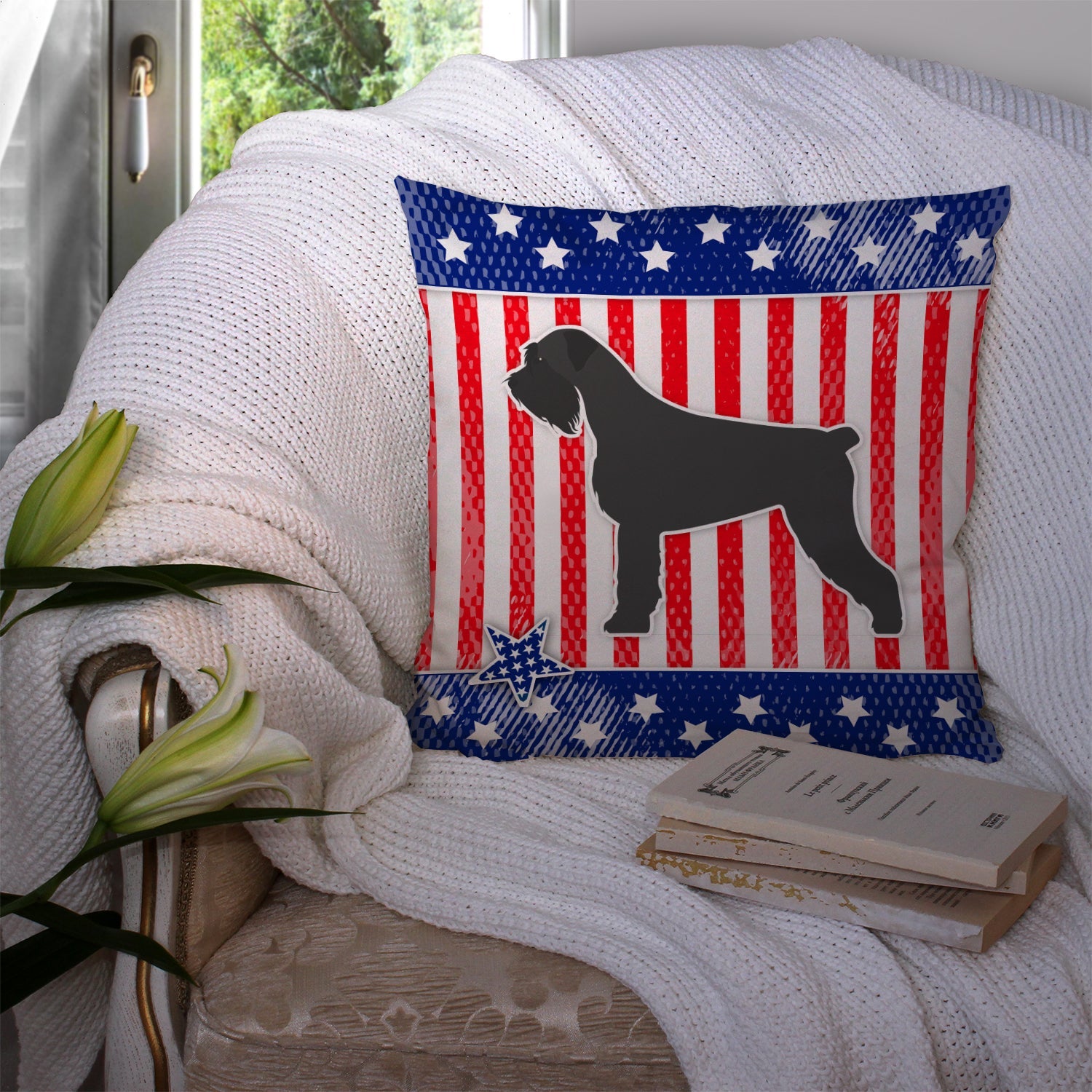 USA Patriotic Giant Schnauzer Decorative Throw Pillow 14x14 Indoor Outdoor Accent Cushion, Fabric Cover with Insert for Sofa, Bed, Porch & Living Room
