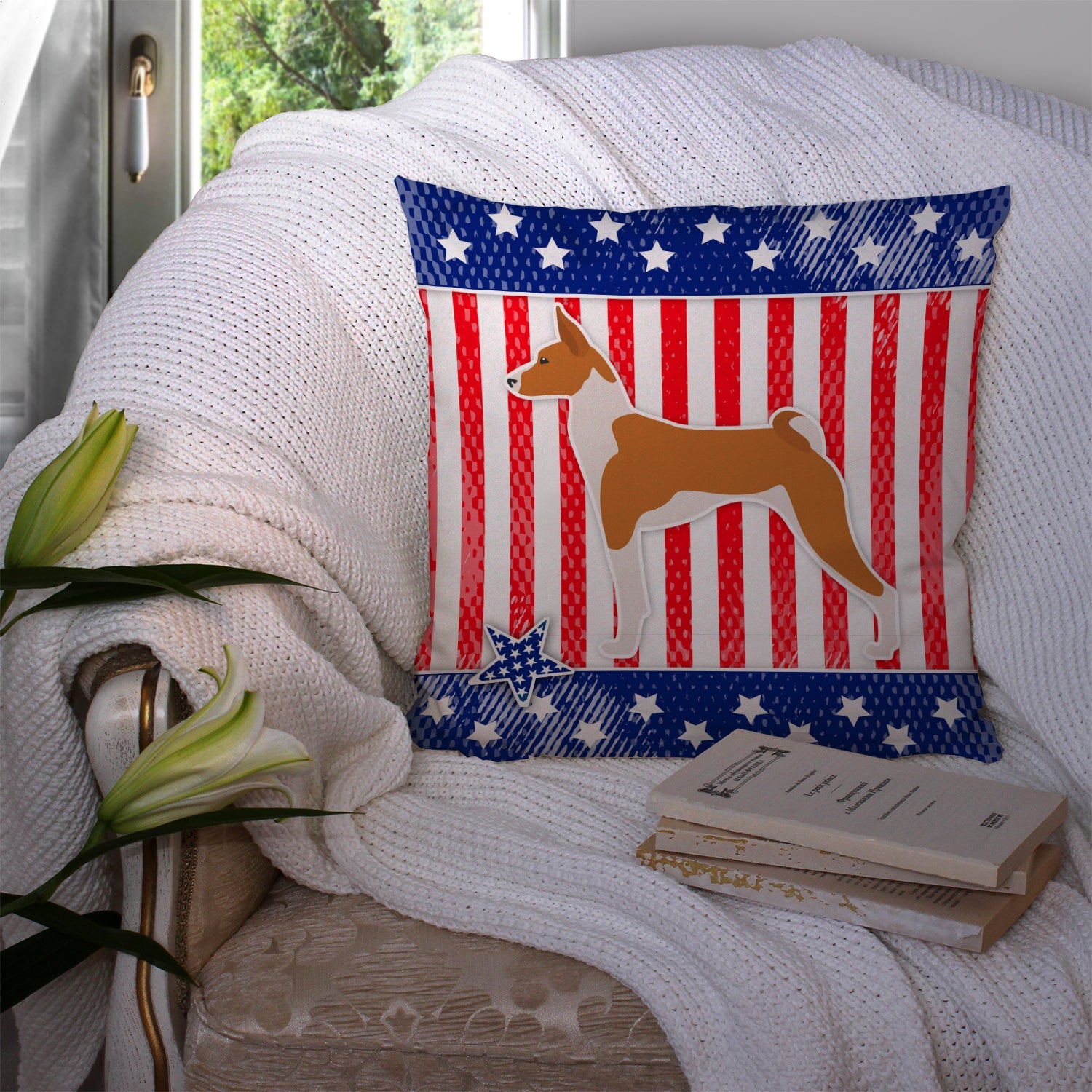 USA Patriotic Basenji Decorative Throw Pillow 14x14 Indoor Outdoor Accent Cushion, Fabric Cover with Insert for Sofa, Bed, Porch & Living Room
