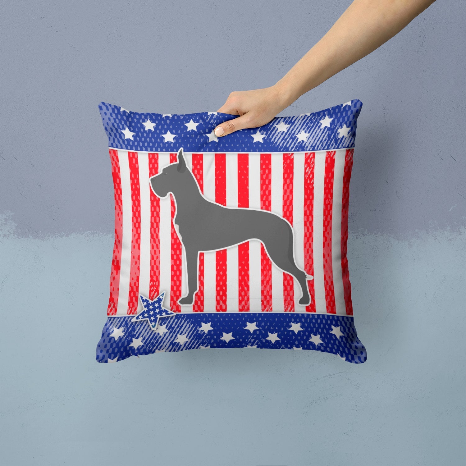 USA Patriotic Great Dane Decorative Throw Pillow 14x14 Indoor Outdoor Accent Cushion, Fabric Cover with Insert for Sofa, Bed, Porch & Living Room