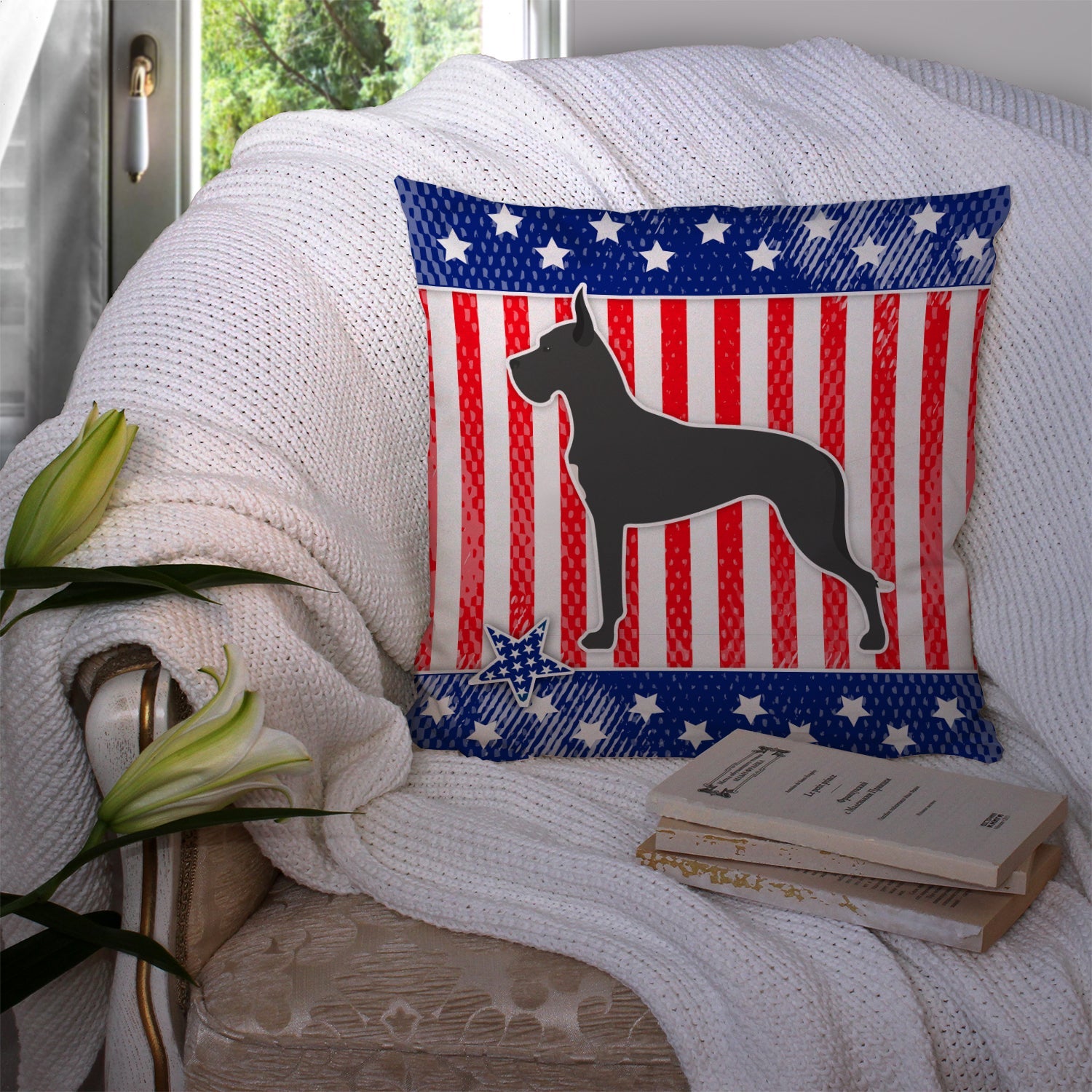 USA Patriotic Great Dane Decorative Throw Pillow 14x14 Indoor Outdoor Accent Cushion, Fabric Cover with Insert for Sofa, Bed, Porch & Living Room