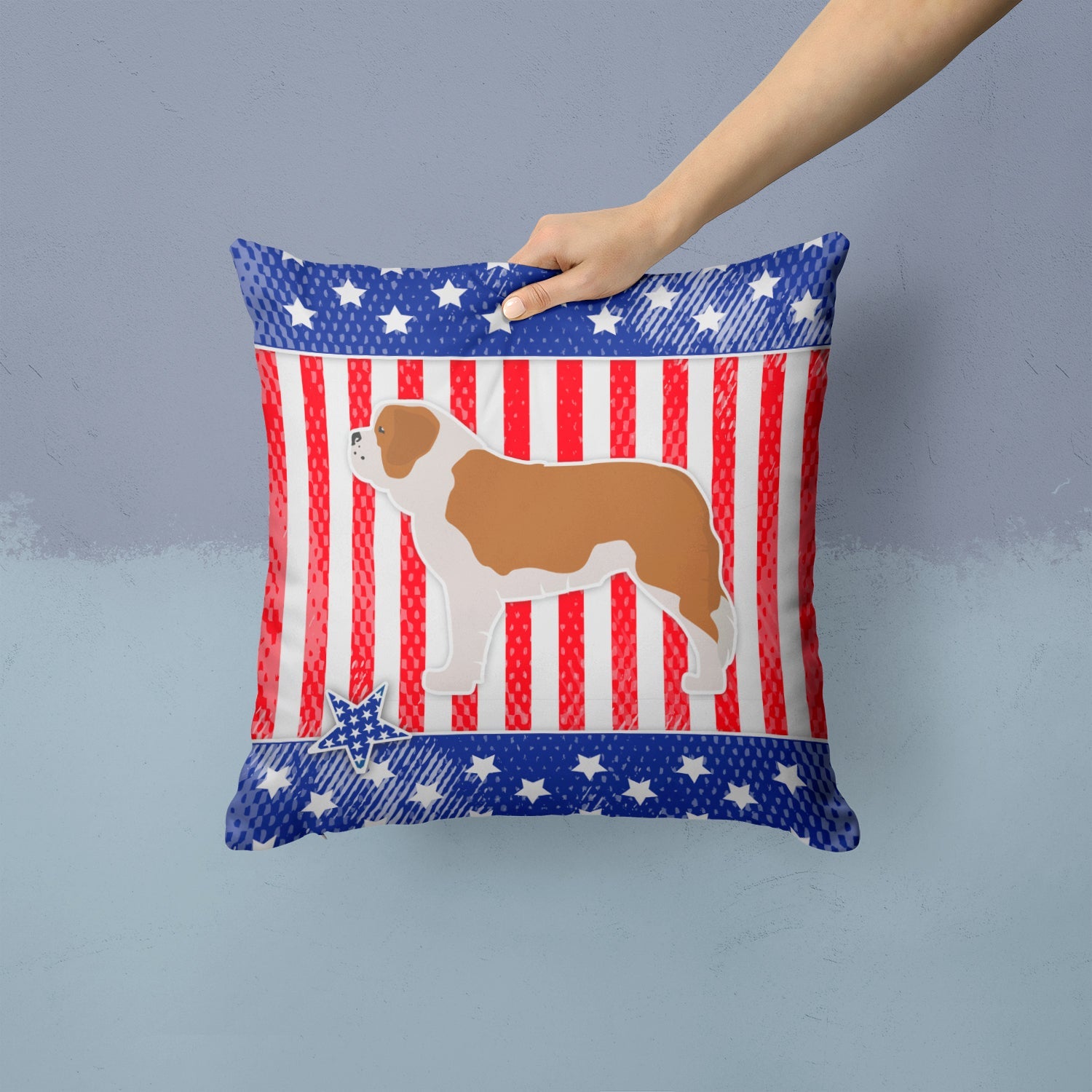 USA Patriotic Saint Bernard Decorative Throw Pillow 14x14 Indoor Outdoor Accent Cushion, Fabric Cover with Insert for Sofa, Bed, Porch & Living Room