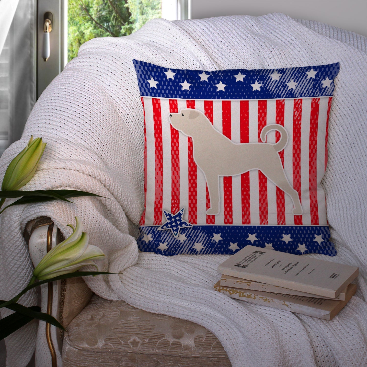 USA Patriotic Anatolian Shepherd Decorative Throw Pillow 14x14 Indoor Outdoor Accent Cushion, Fabric Cover with Insert for Sofa, Bed, Porch & Living Room