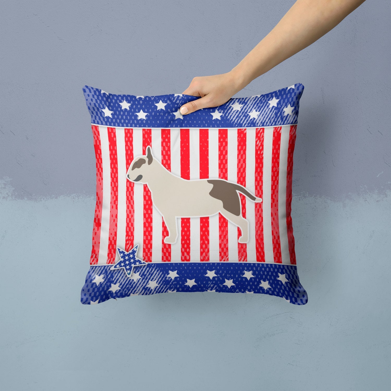 USA Patriotic Bull Terrier Decorative Throw Pillow 14x14 Indoor Outdoor Accent Cushion, Fabric Cover with Insert for Sofa, Bed, Porch & Living Room