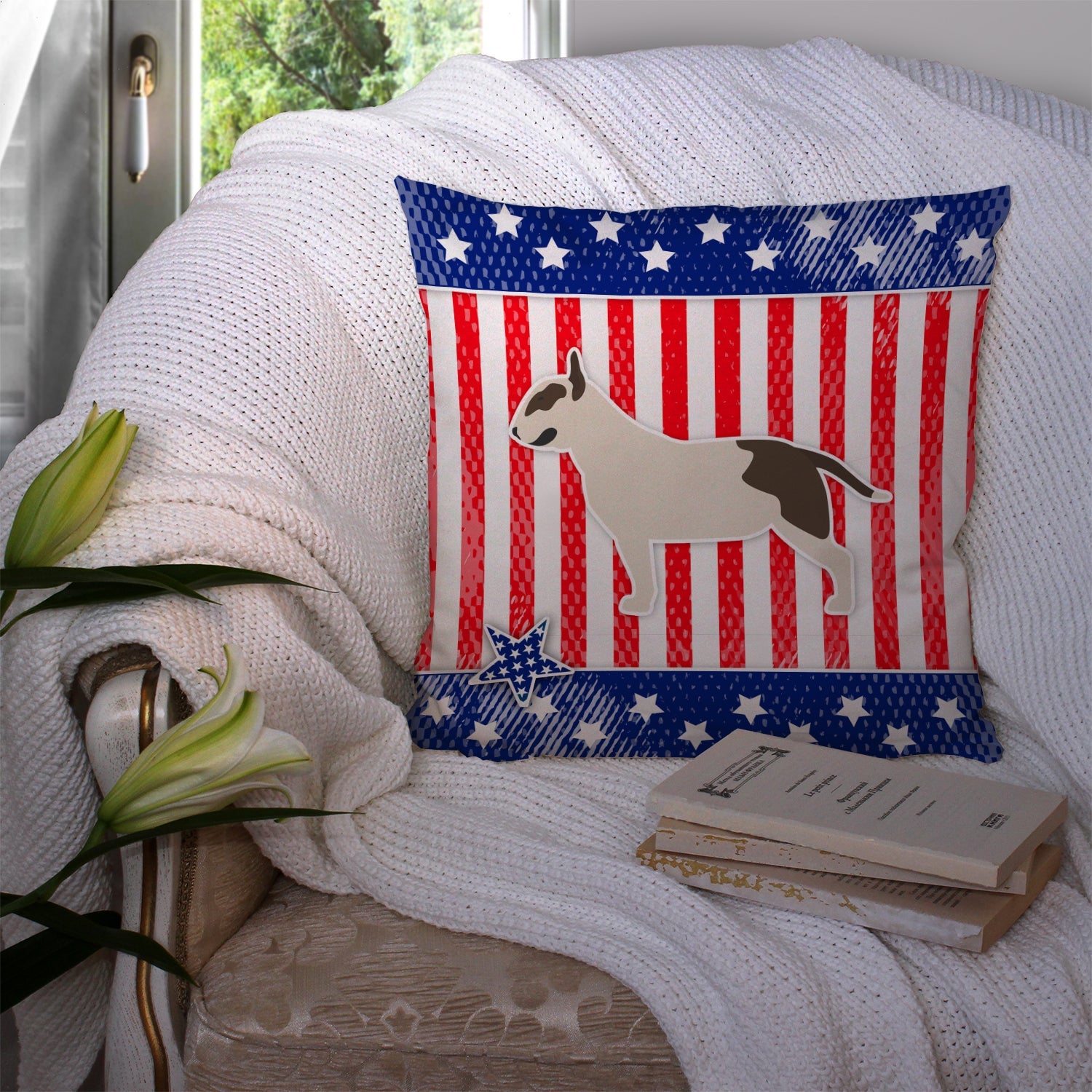 USA Patriotic Bull Terrier Decorative Throw Pillow 14x14 Indoor Outdoor Accent Cushion, Fabric Cover with Insert for Sofa, Bed, Porch & Living Room