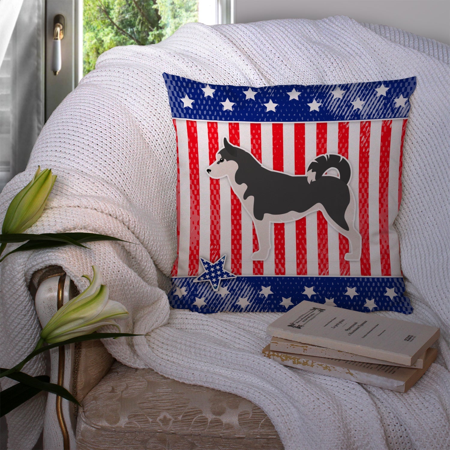 USA Patriotic Siberian Husky Decorative Throw Pillow 14x14 Indoor Outdoor Accent Cushion, Fabric Cover with Insert for Sofa, Bed, Porch & Living Room