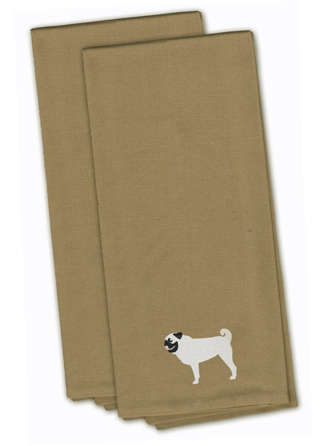 Pug Tan Embroidered Towel Set of 2 Decorative Bathroom Guest Hand Towel for Hand, Face, Tea, Dishcloth, 19 X 25, Tan