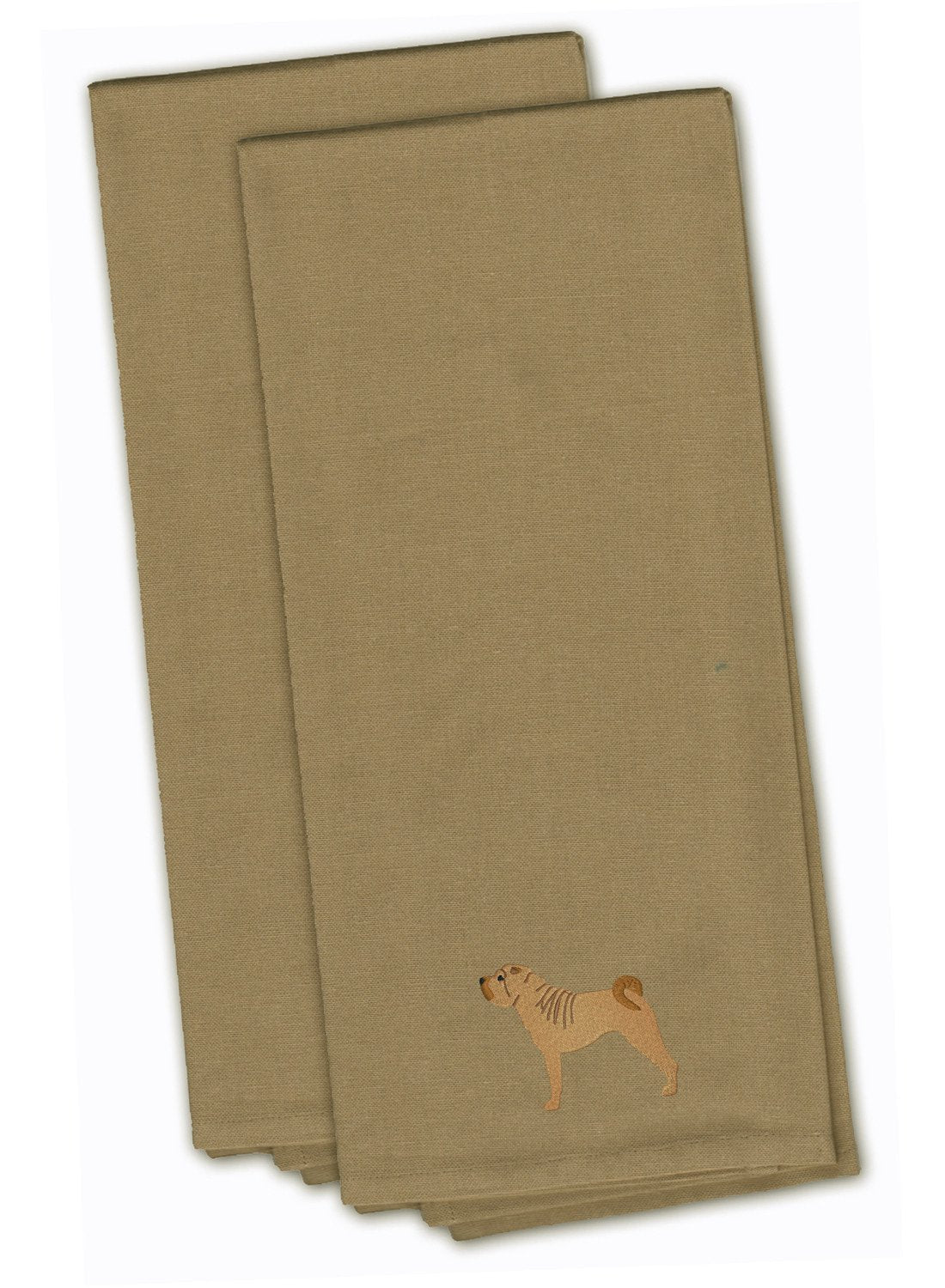 Shar Pei Merry Tan Embroidered Towel Set of 2 Decorative Bathroom Guest Hand Towel for Hand, Face, Tea, Dishcloth, 19 X 25, Tan