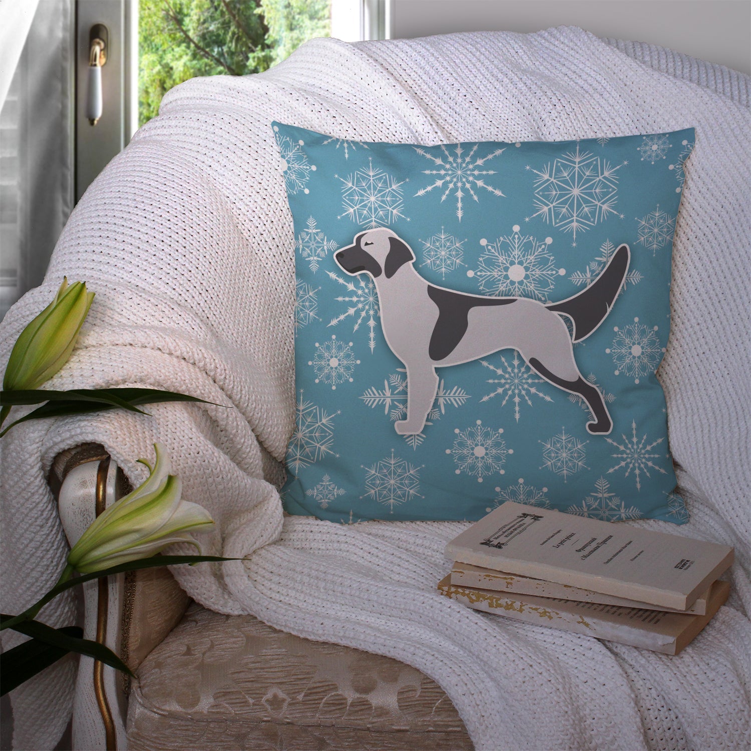 Winter Snowflake English Setter Decorative Throw Pillow 14x14 Indoor Outdoor Accent Cushion, Fabric Cover with Insert for Sofa, Bed, Porch & Living Room