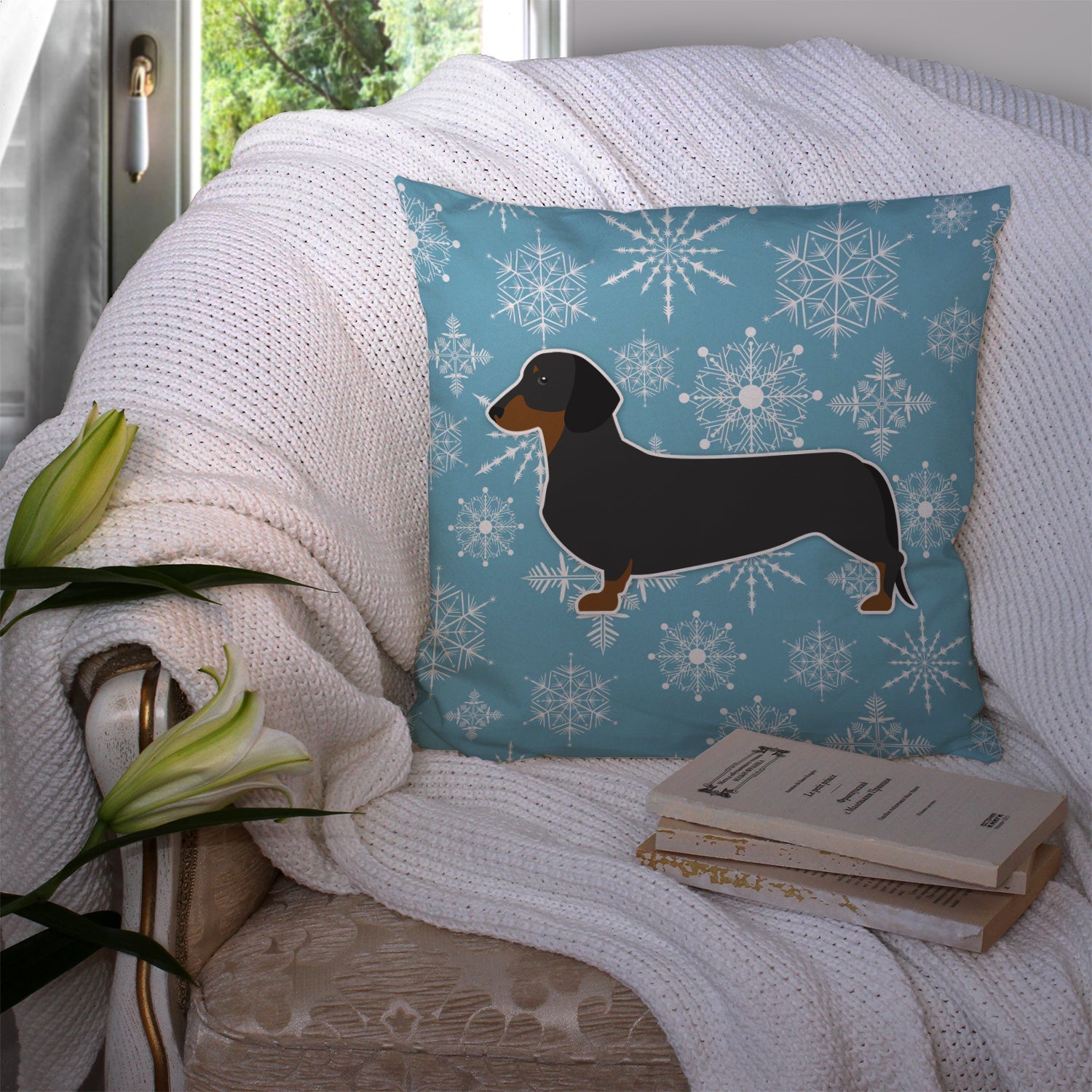 Winter Snowflake Dachshund Decorative Throw Pillow 14x14 Indoor Outdoor Accent Cushion, Fabric Cover with Insert for Sofa, Bed, Porch & Living Room