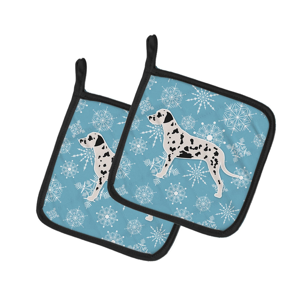Winter Snowflake Dalmatian Pot Holder Set of 2 Heat Resistant Quilted Hot Pads 7.5 x 7.5 Inch, Insulated Kitchen Trivets for Cooking & Baking