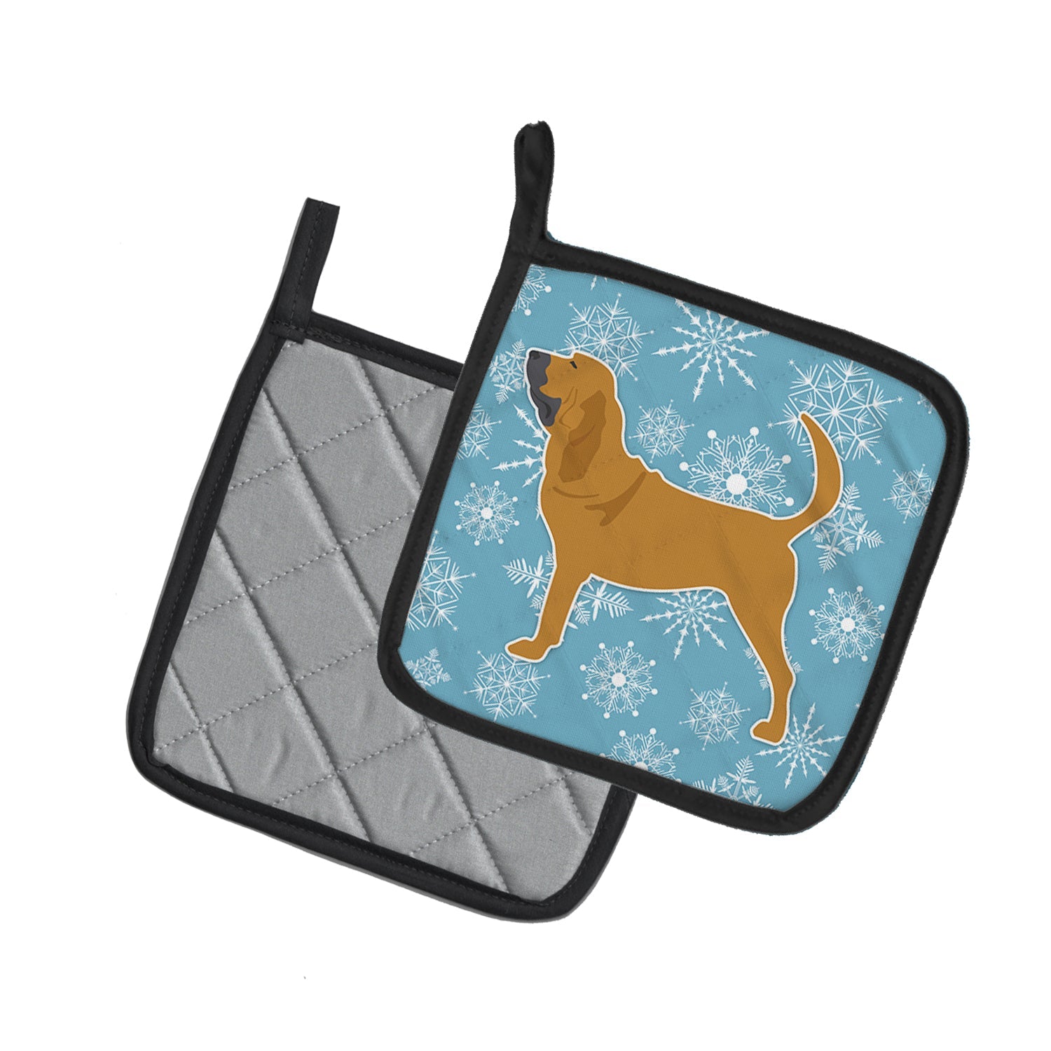 Winter Snowflake Bloodhound Pot Holder Set of 2 Heat Resistant Quilted Hot Pads 7.5 x 7.5 Inch, Insulated Kitchen Trivets for Cooking & Baking