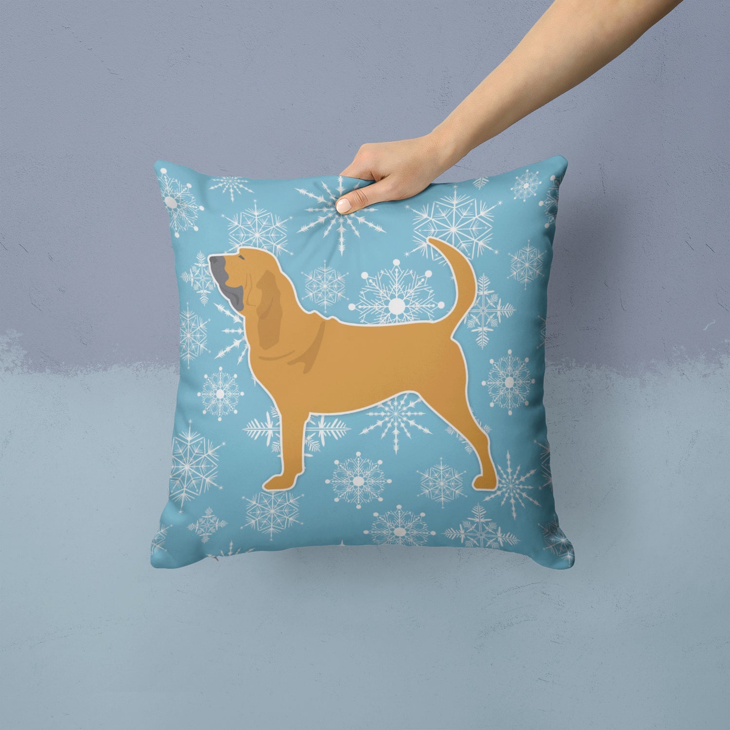 Winter Snowflake Bloodhound Decorative Throw Pillow 14x14 Indoor Outdoor Accent Cushion, Fabric Cover with Insert for Sofa, Bed, Porch & Living Room
