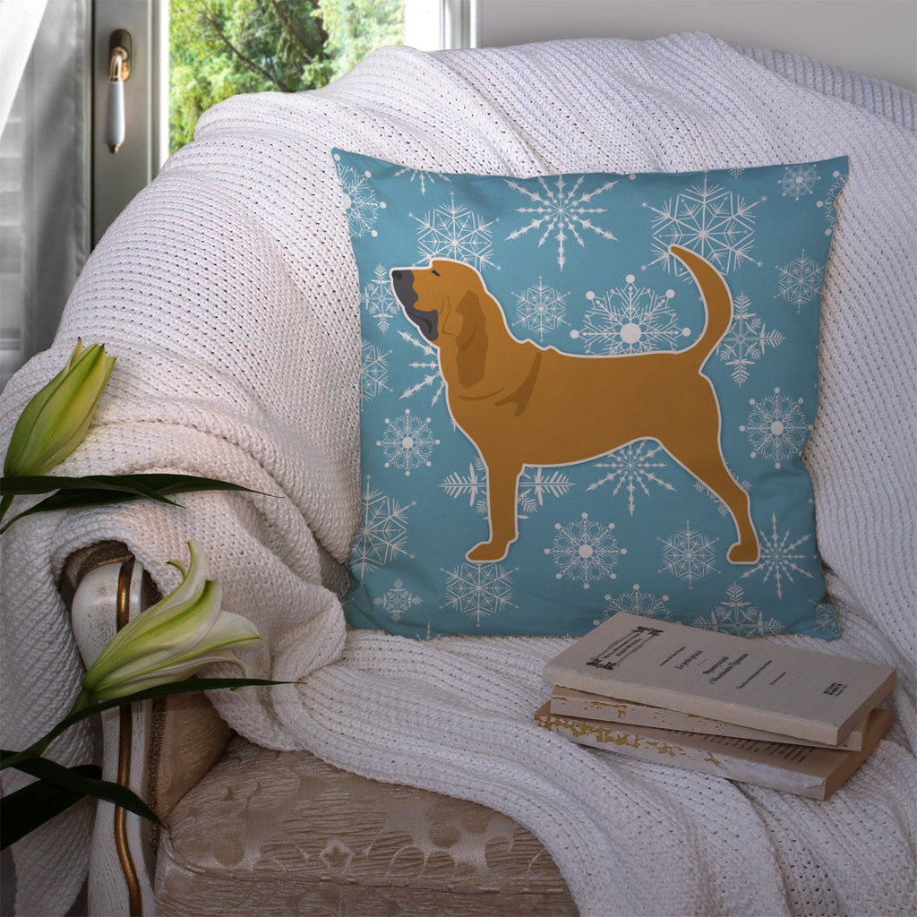Winter Snowflake Bloodhound Decorative Throw Pillow 14x14 Indoor Outdoor Accent Cushion, Fabric Cover with Insert for Sofa, Bed, Porch & Living Room