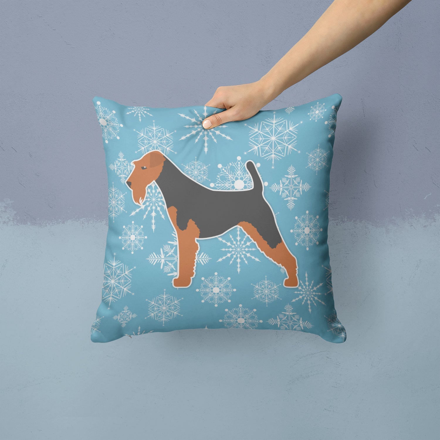 Winter Snowflake Welsh Terrier Decorative Throw Pillow 14x14 Indoor Outdoor Accent Cushion, Fabric Cover with Insert for Sofa, Bed, Porch & Living Room